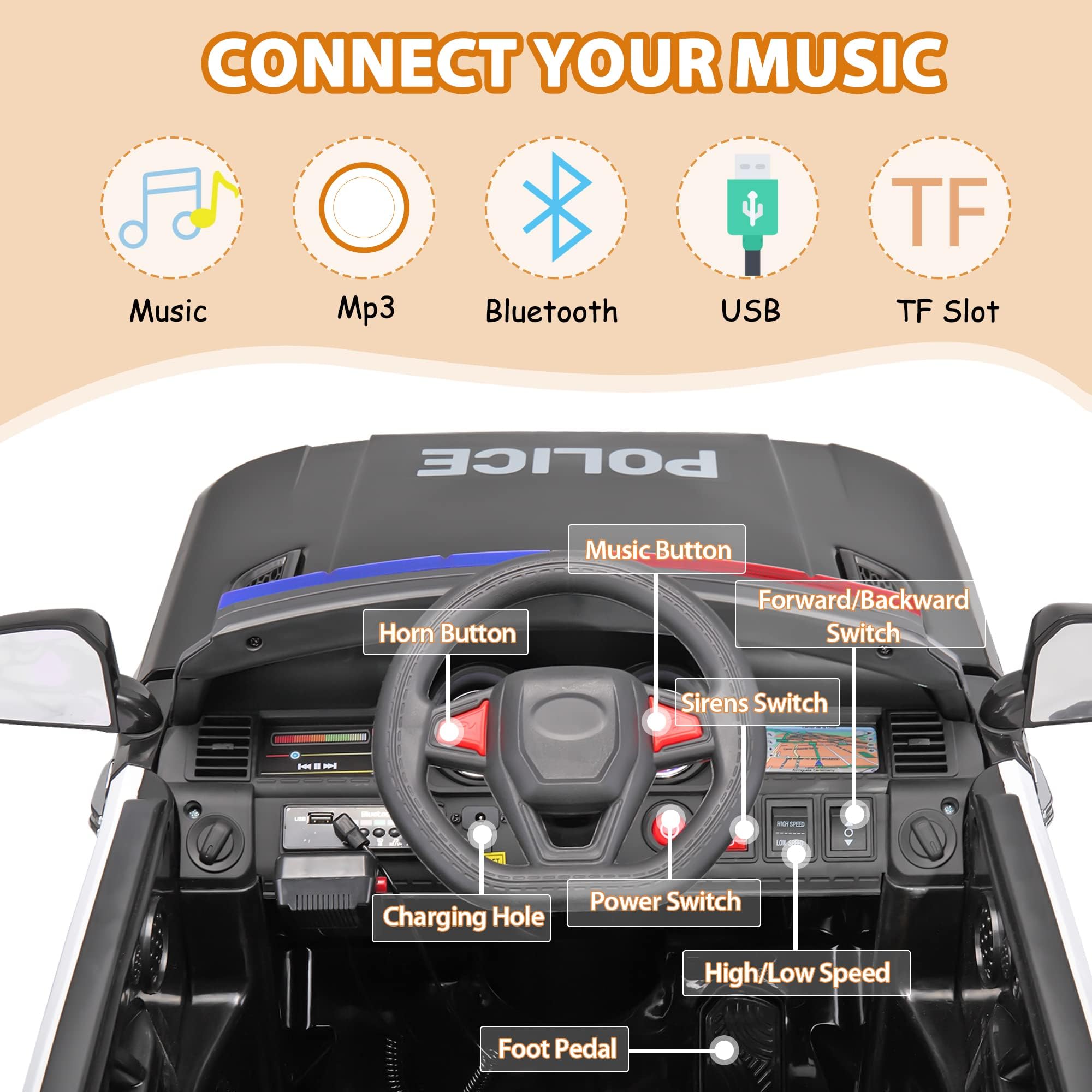 TOBBI 12V Electric Police Car Ride-On Toy for Kids Ages 3-6 - Remote Control & Parental Control, Realistic Lights & Siren, Large Police Vehicle Toy for Boys & Toddlers - Perfect for Indoor Play, Outdoor Adventures & Pretend Play as Little Officers (Black)