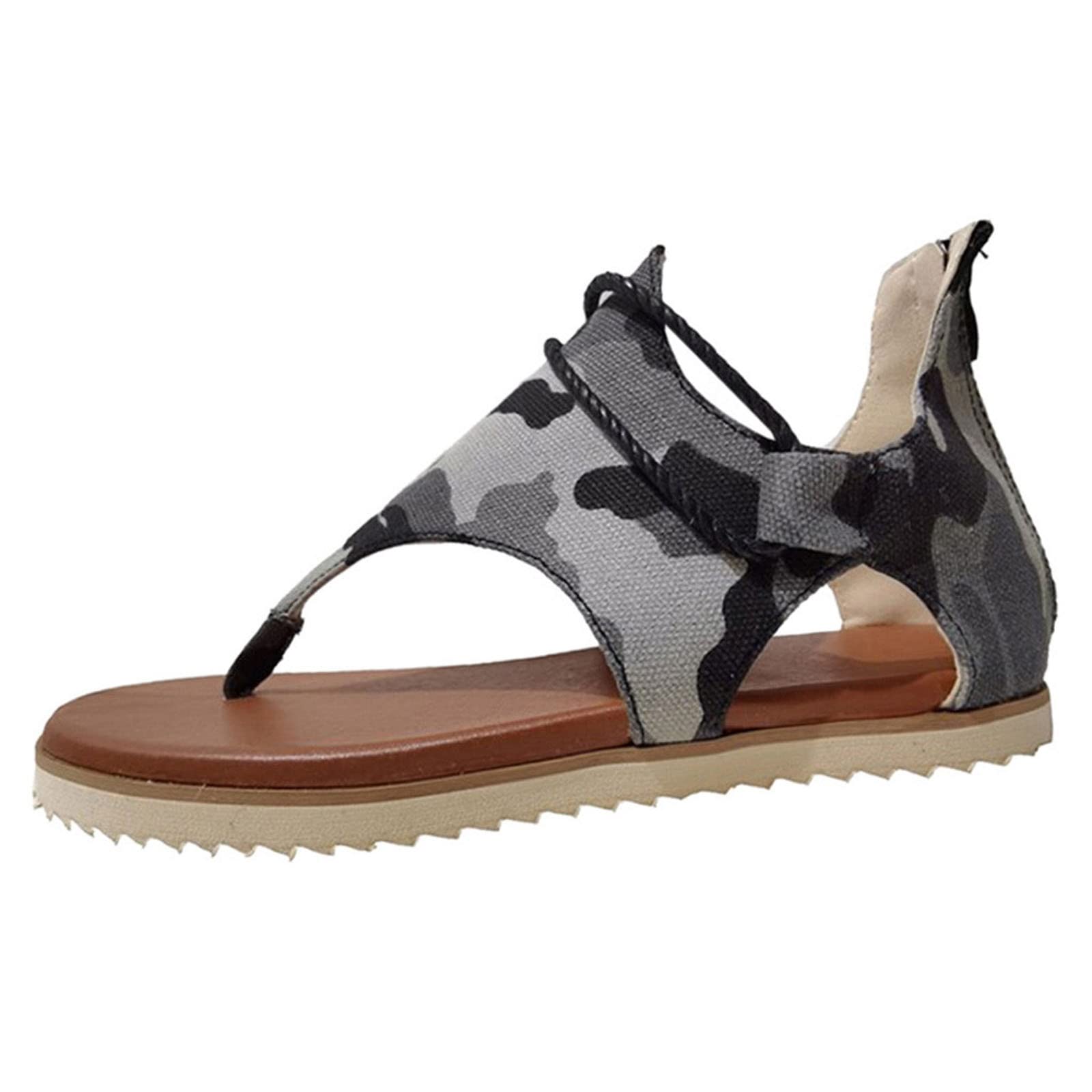 Women's Summer Clip-Toe Sandals - Camouflage Print with Zipper Detail, Comfortable Non-Slip Flat Sandals for Casual Wear & Beach Outings | Perfect for Vacation, Poolside, and Everyday Summer Fashion