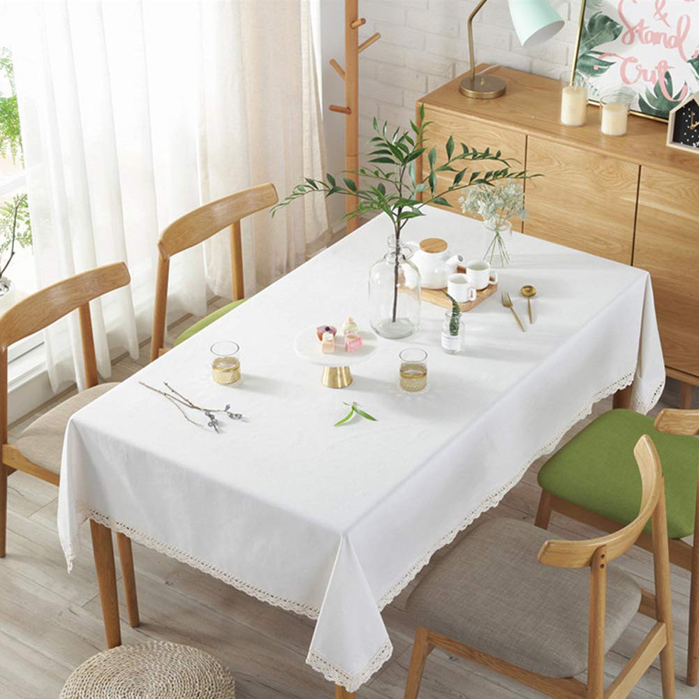 AMZALI Classic Cotton Linen Lace Tablecloth - Dust-Proof Rectangle Table Cover (55x98 Inch, Cream White) for Kitchen, Dining Room, Picnic & Home Decor | Perfect for Dinner Parties, Outdoor Events & Holiday Gatherings