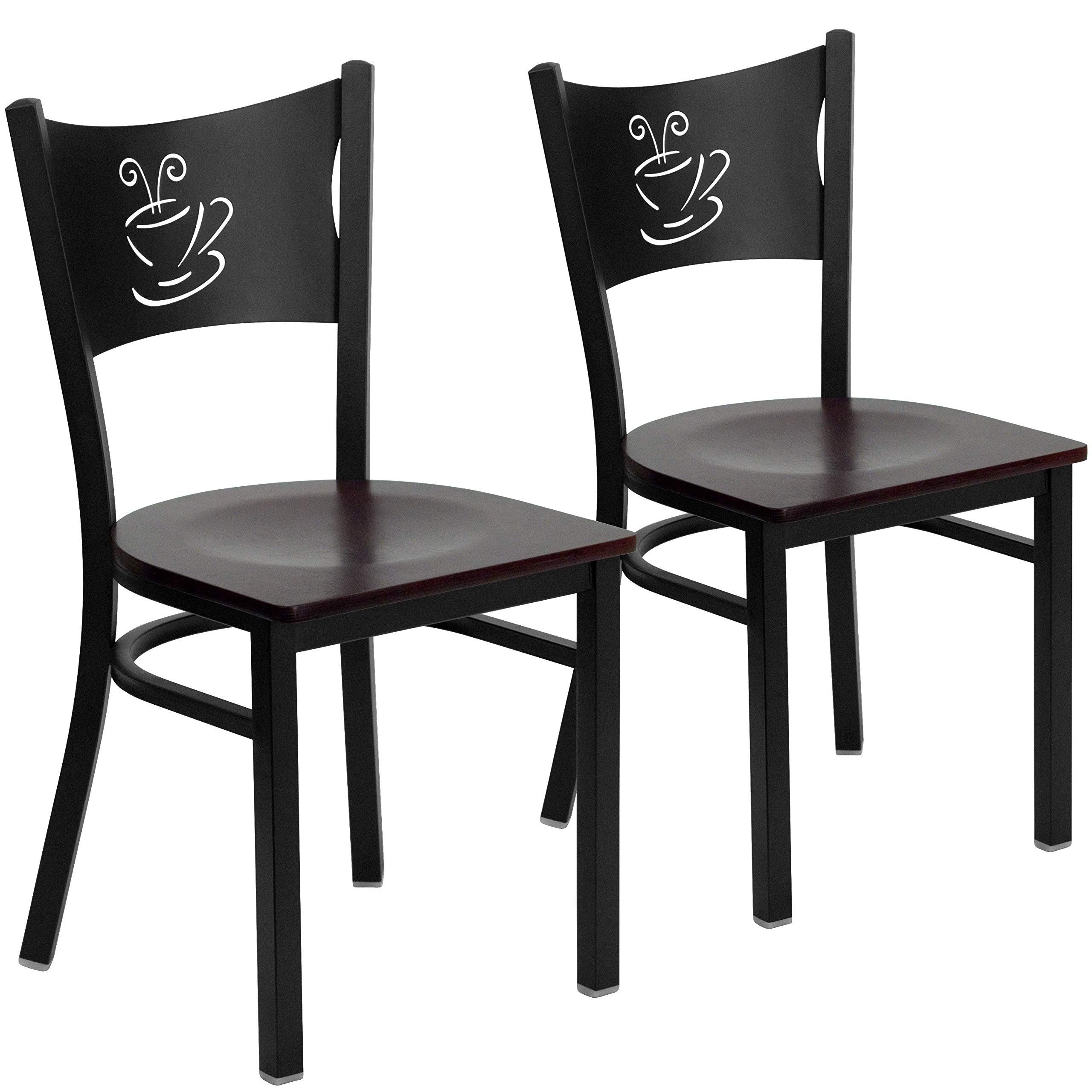 2 Pack Black Metal Coffee Shop Chairs with Mahogany Wood Seats - Durable Restaurant & Cafe Furniture for Indoor & Outdoor Dining Areas