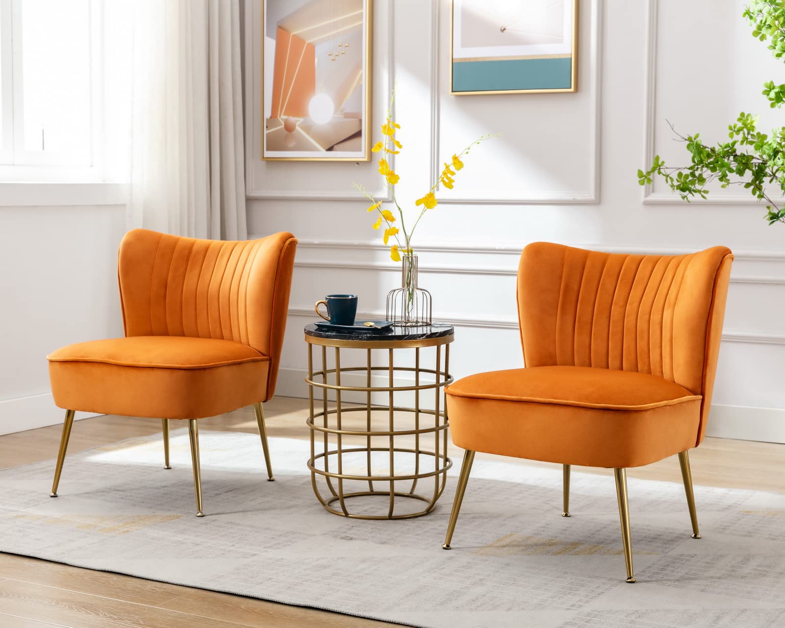 Cimota Velvet Accent Chairs Set of 2 - Modern Armless Wingback Slipper Chairs with Golden Legs for Living Room, Bedroom, Lounge - Soft Orange Upholstered Comfy Corner Seating for Home Decor & Relaxation