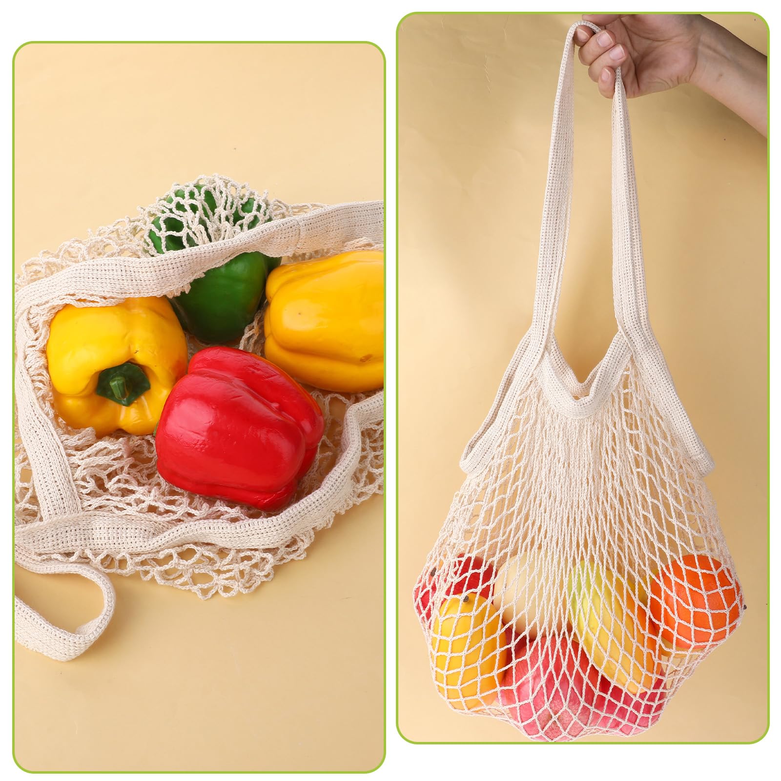 2 Pack Reusable Mesh Grocery Bags - Eco-Friendly Cotton String Shopping Totes for Fruits & Vegetables, Long Handle Washable Produce Bags, Portable & Durable (Beige) - Perfect for Farmers Market, Grocery Shopping & Food Storage