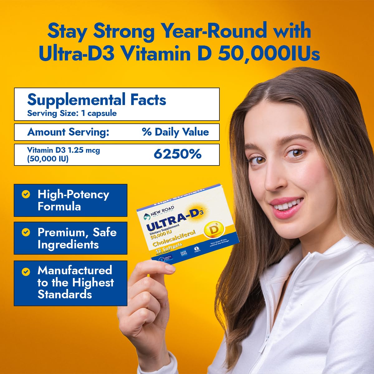 New Road Health Supply - Vitamin D 50000 IU Weekly Softgels (12 Count) | Bone, Teeth & Immune Support | Gluten-Free & Easy to Swallow | Ideal for Adults with Vitamin D Deficiency or Low Sun Exposure