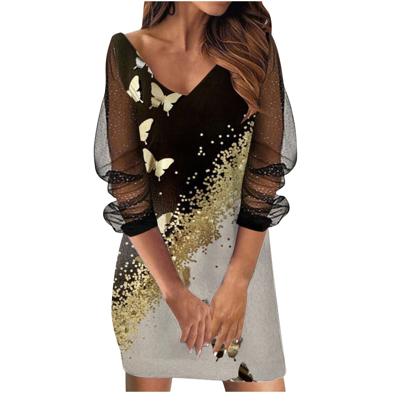 Hesxuno Women's See-Through Mesh V-Neck Dress - Elegant Long Sleeve Printed Dress for Party & Date Night