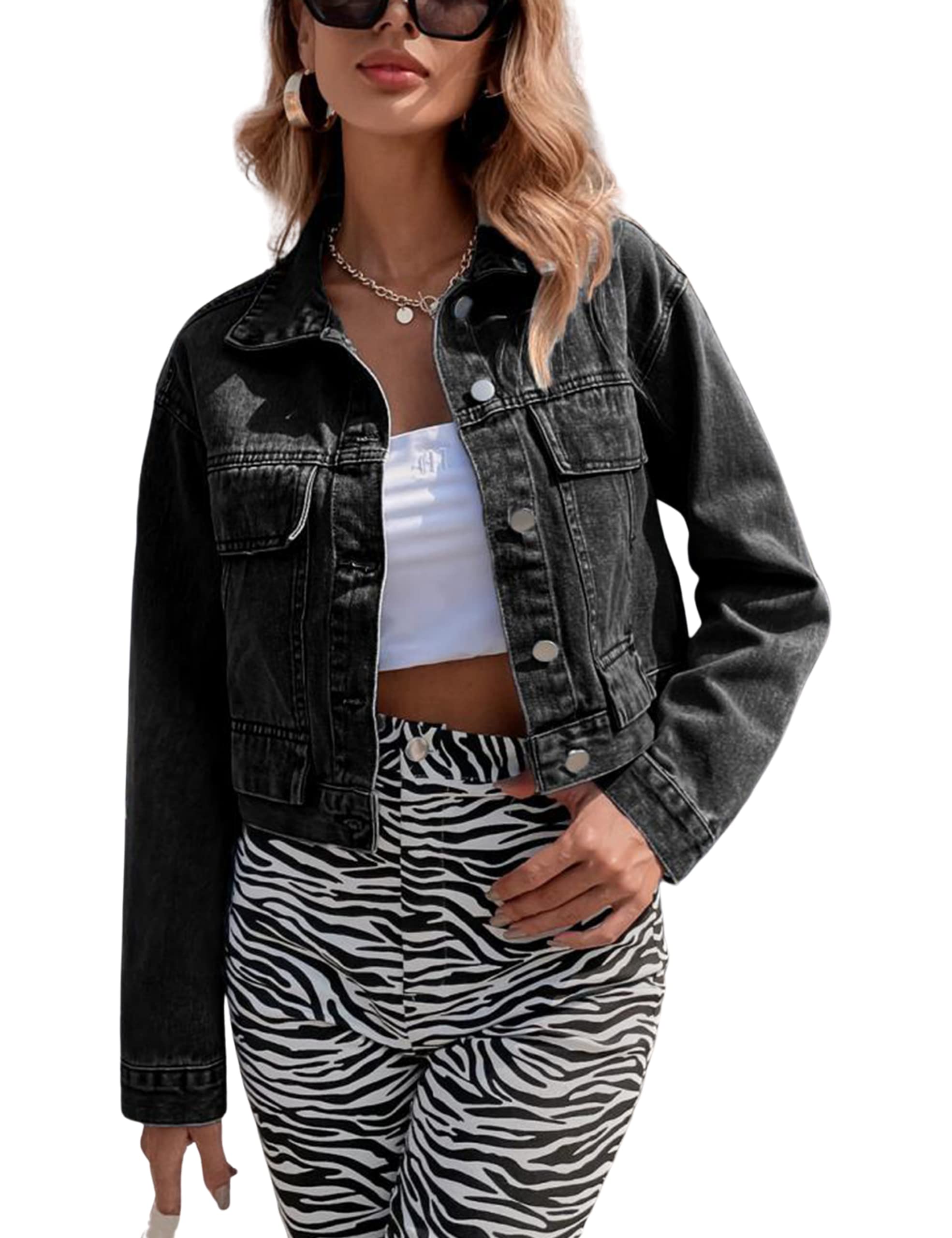 Gozoloma Women's Casual Denim Jacket - Long Sleeve Button Up Jean Coat for Spring & Fall | Perfect for Outdoor Activities, Travel, and Everyday Wear