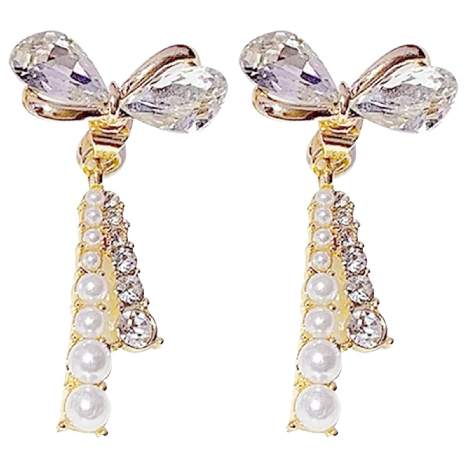 Sparkling Rhinestone Bow Tassel Pearl Drop Earrings - Elegant Lightweight Stud Earrings for Women | Perfect for Parties, Weddings & Date Nights