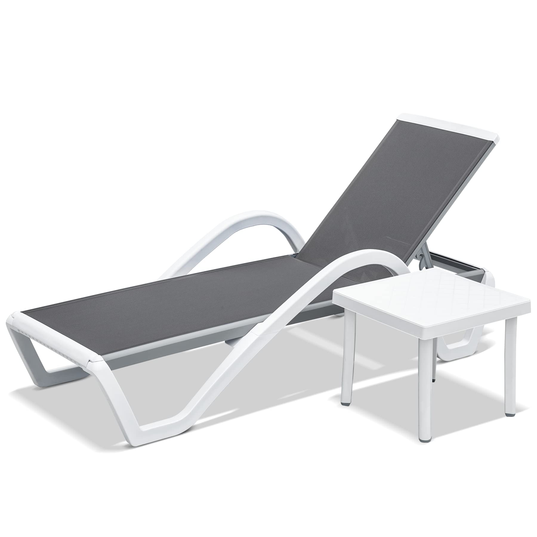 Adjustable Aluminum Pool Lounge Chair with Armrests & Side Table - All-Weather Outdoor Chaise Lounge for Patio, Deck, Lawn & Garden - Perfect for Sunbathing, Relaxing by the Pool or Backyard Lounging (Gray)