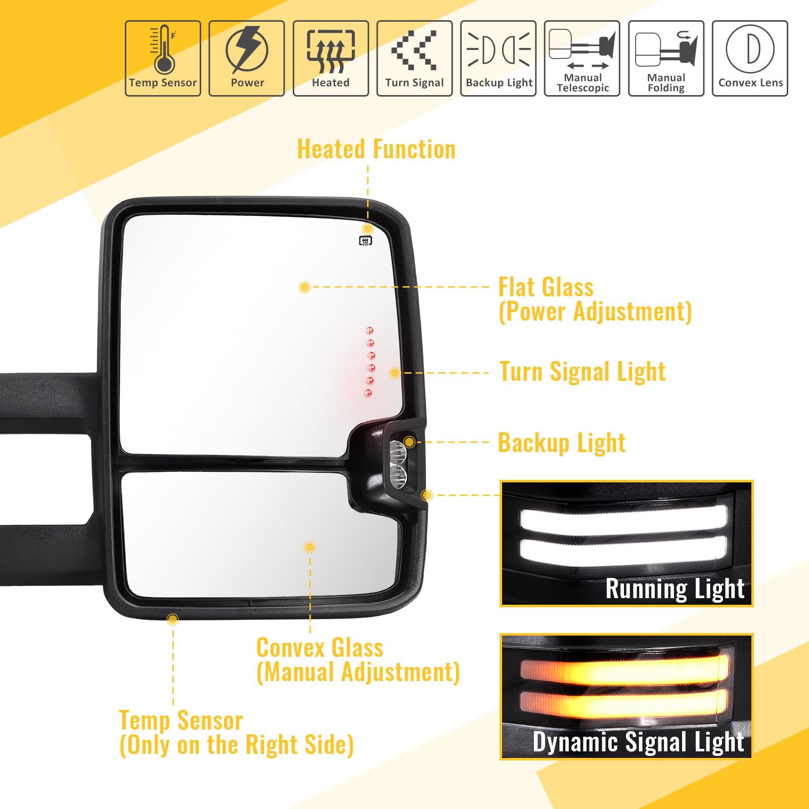 Sanooer Painted Black Towing Mirrors for 2014-2018 Chevy Silverado & GMC Sierra - Power Adjustable, Heated Glass, Switchback Dynamic Turn Signal & Running Lights - Perfect for Towing, Off-Roading & Night Driving