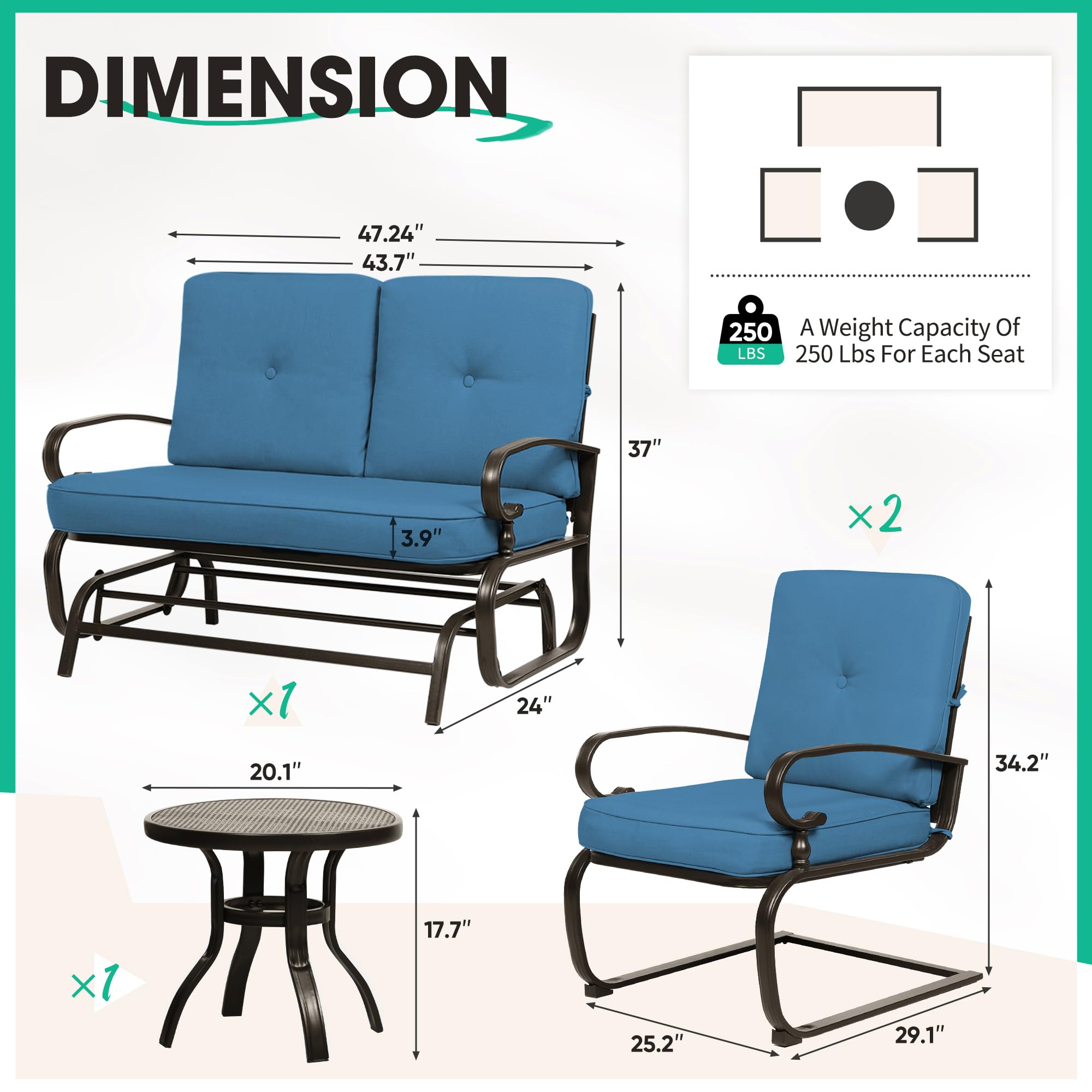 Incbruce Outdoor Patio Conversation Set - 4-Piece Metal Furniture with Glider, Bistro Table & 2 Spring Lounge Chairs (Peacock Blue, Wrought Iron) - Perfect for Garden, Backyard, and Poolside Relaxation