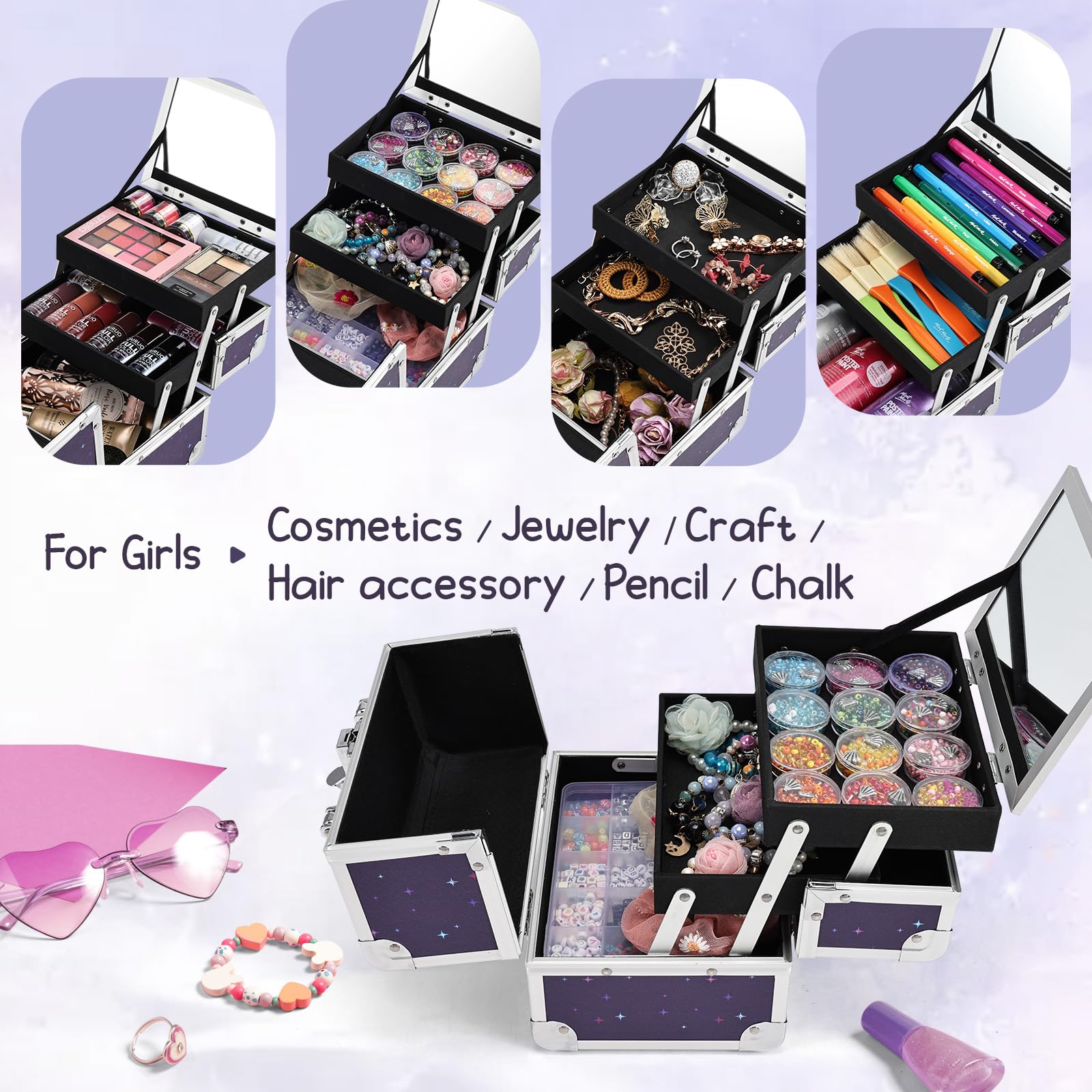 Joligrace Unicorn Makeup Box for Girls - Portable Travel Cosmetic Case with Mirror, Lockable Jewelry Organizer, Lightweight & Durable (19.5x15x16cm) - Perfect for Travel, Birthday Gifts & Beauty Storage
