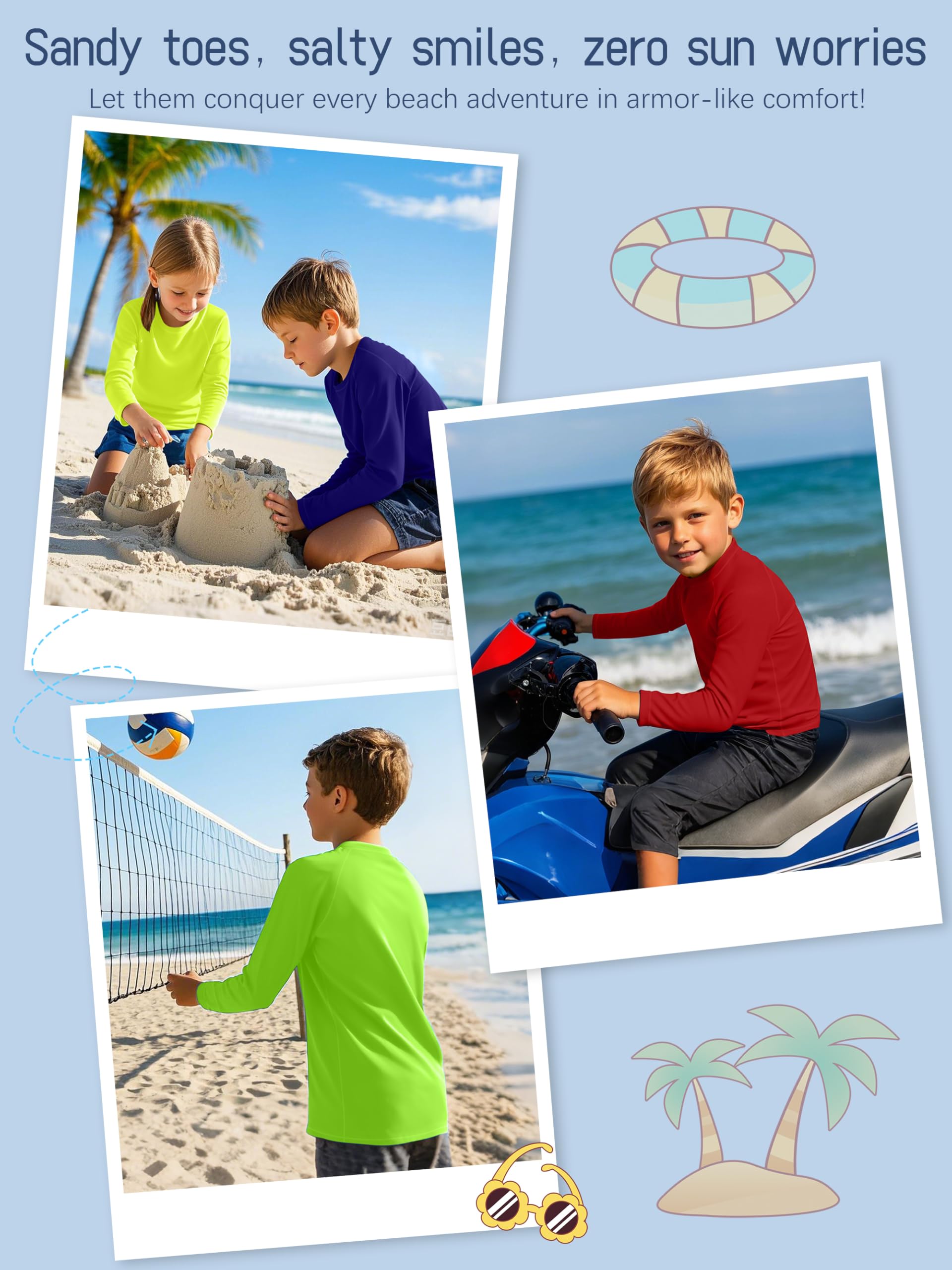 4 Pack Boys' Rash Guard Shirts - SPF 50+ UV Sun Protection, Quick Dry Long Sleeve Swim Shirts for Youth & Kids - Perfect for Beach, Pool & Water Sports