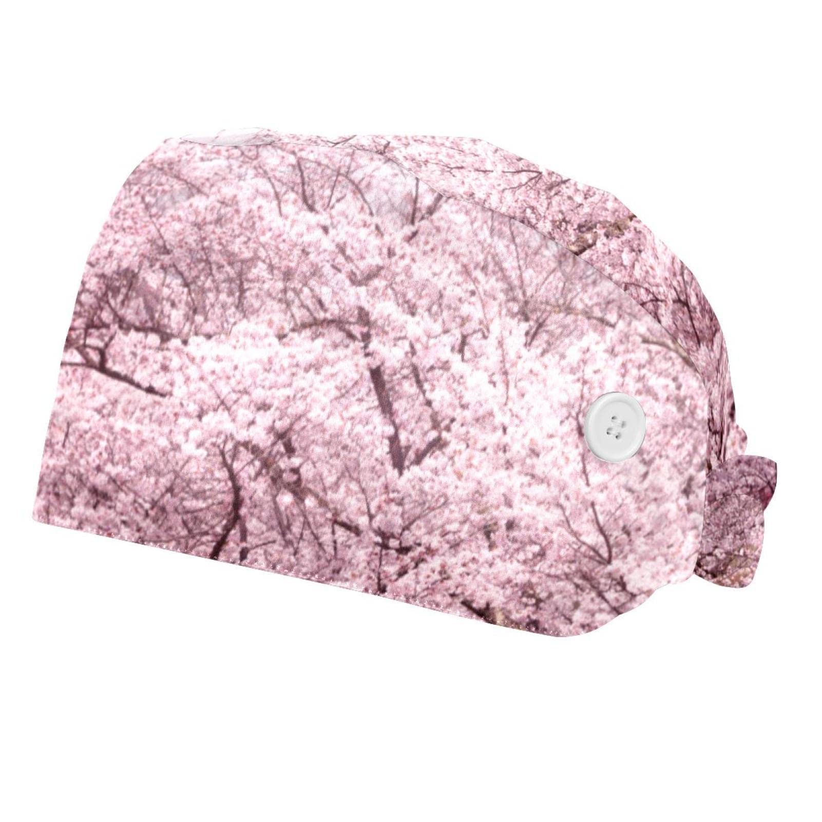 2 Packs Pink Cherry Print Scrub Caps for Women - Adjustable Bouffant Surgical Hats with Button Sweatband, Unisex Tie Back Nurse Hats (One Size Fits Most) - Perfect for Hospitals, Clinics & Medical Professionals