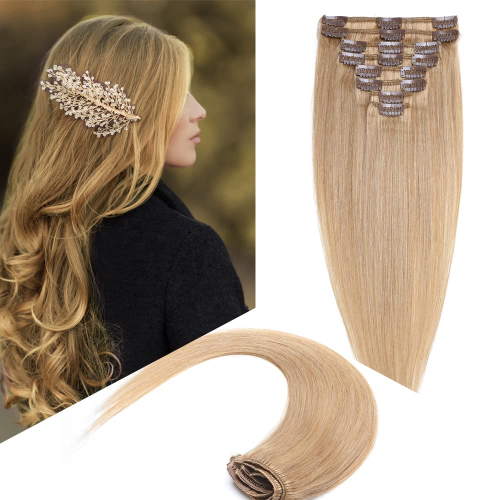 Clip in Hair Extensions 24 Inch Real Human Hair - 8 Pieces with 18 Clips, #27 Dark Blonde Long Straight Hair Extensions for Women | Natural Looking Volume & Length for Daily Wear, Parties & Special Occasions