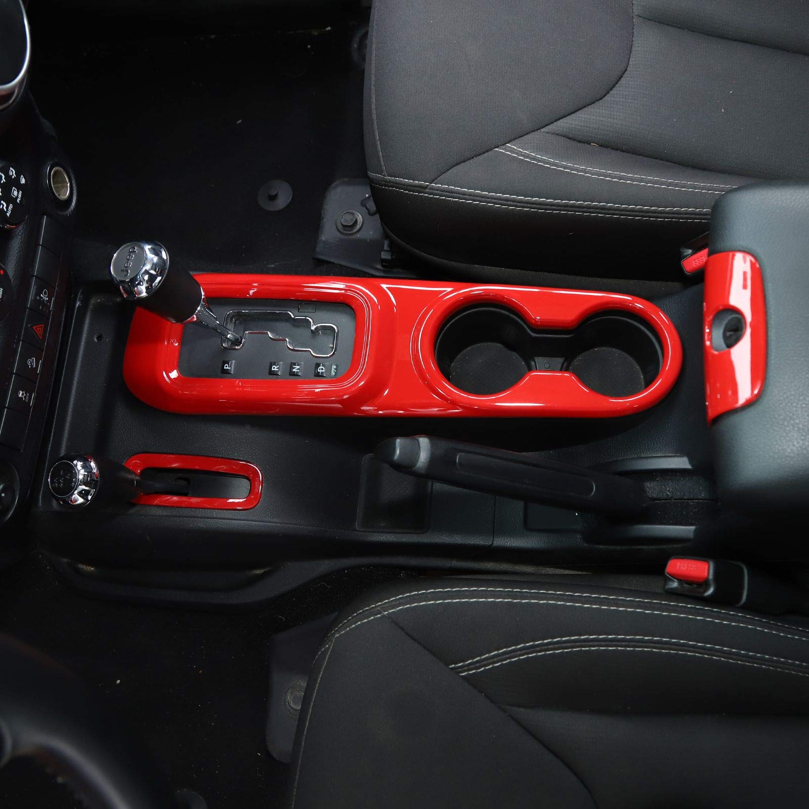 Jeep JK Center Console Armrest Cup Holder & Gear Shift Trim - ABS Red (3pcs) | Compatible with 2011-2018 Jeep Wrangler JK & JKU | Interior Accessories for Enhanced Comfort & Organization