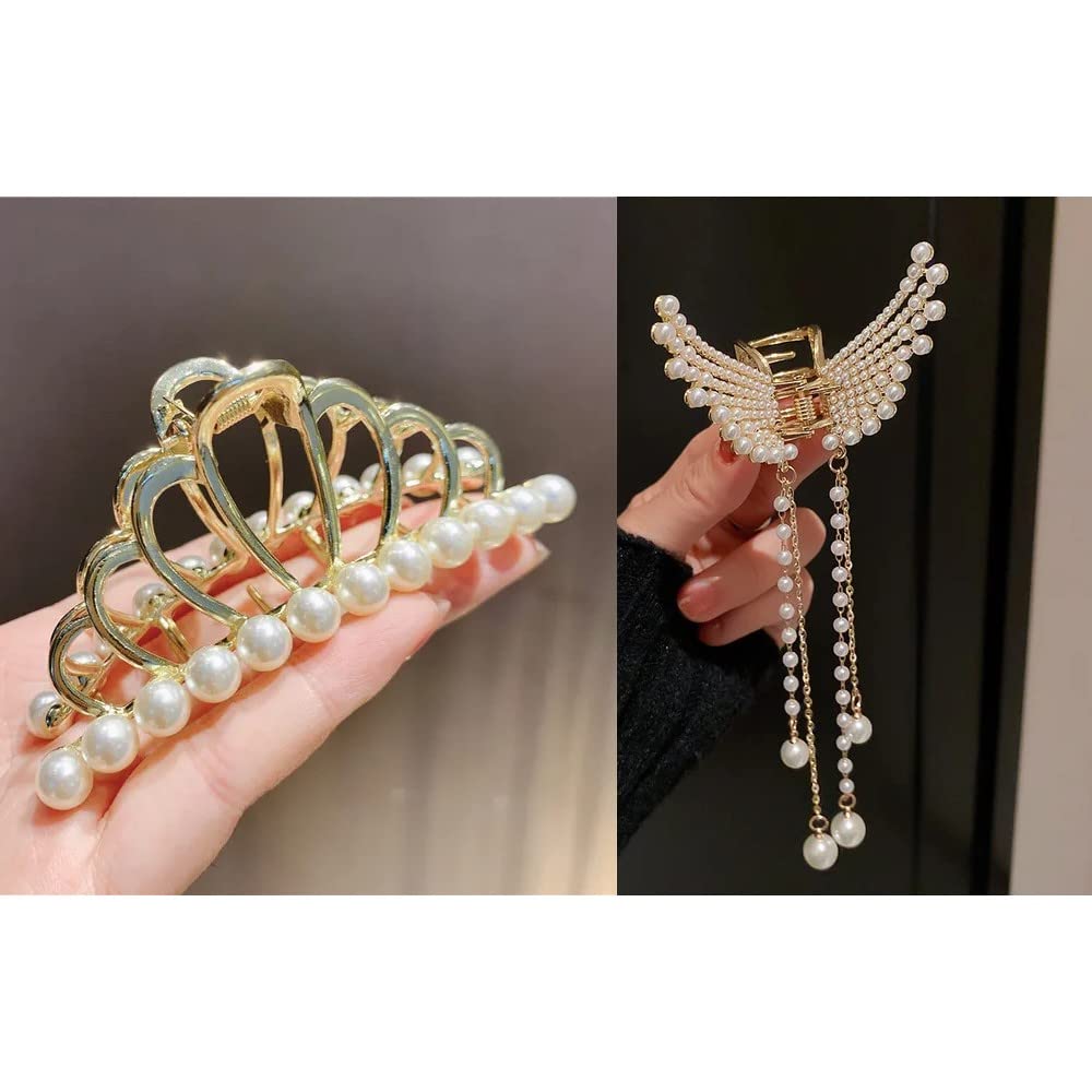 Samyak 2-Pack Rhinestone Pearl Tassel Hair Claw Clips for Women & Girls - Hair Clutcher Barrettes Set (Tassel-2p) - Perfect for Parties, Weddings & Everyday Hairstyles