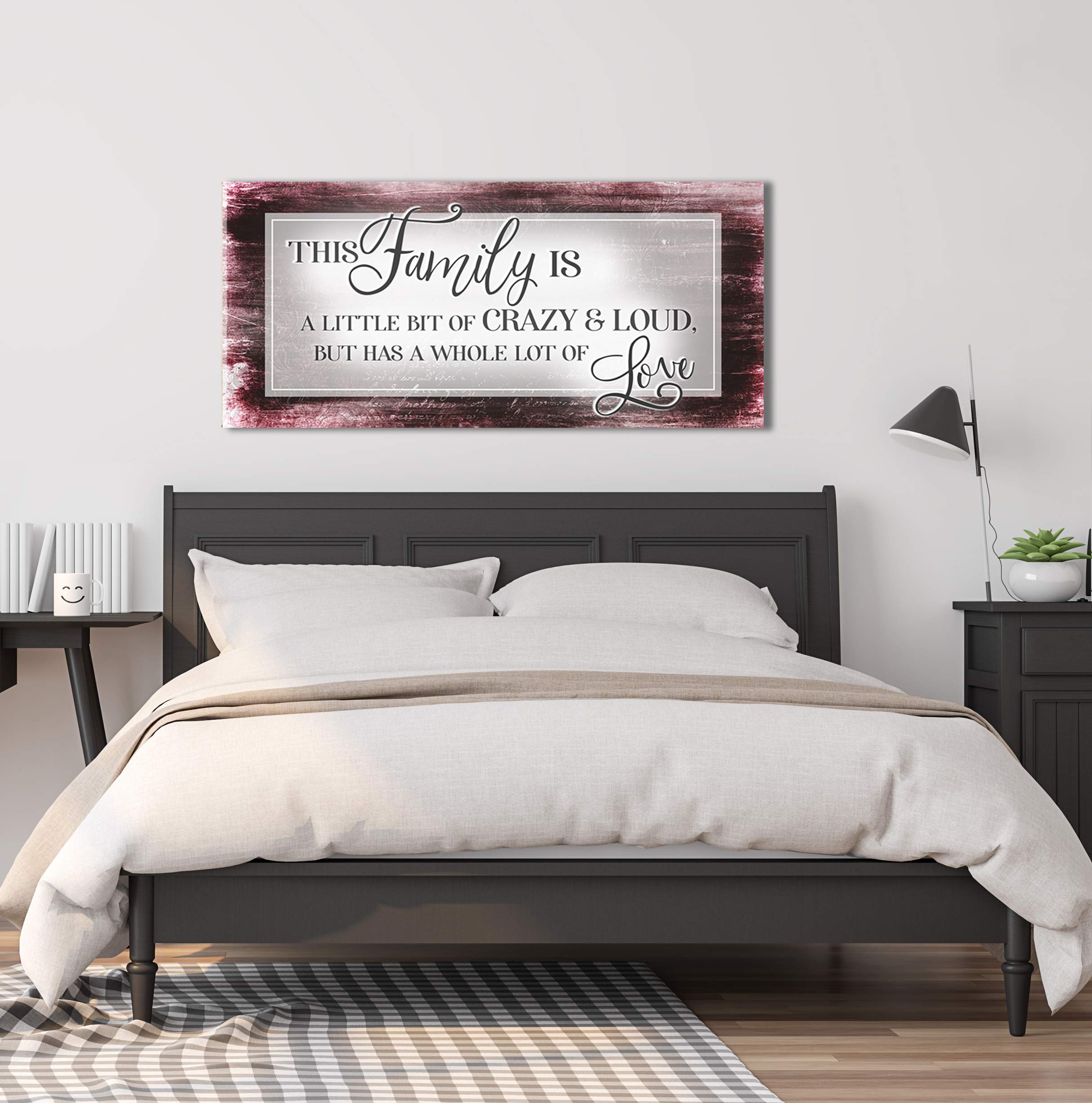 Family Sign Wall Art - Large Canvas Home Decor for Living Room & Farmhouse - 'This Family Is A Little Bit Crazy' Funny Quote (60x27 Inches, Red Wine) - Perfect for Housewarming Gifts & Rustic Interior Design