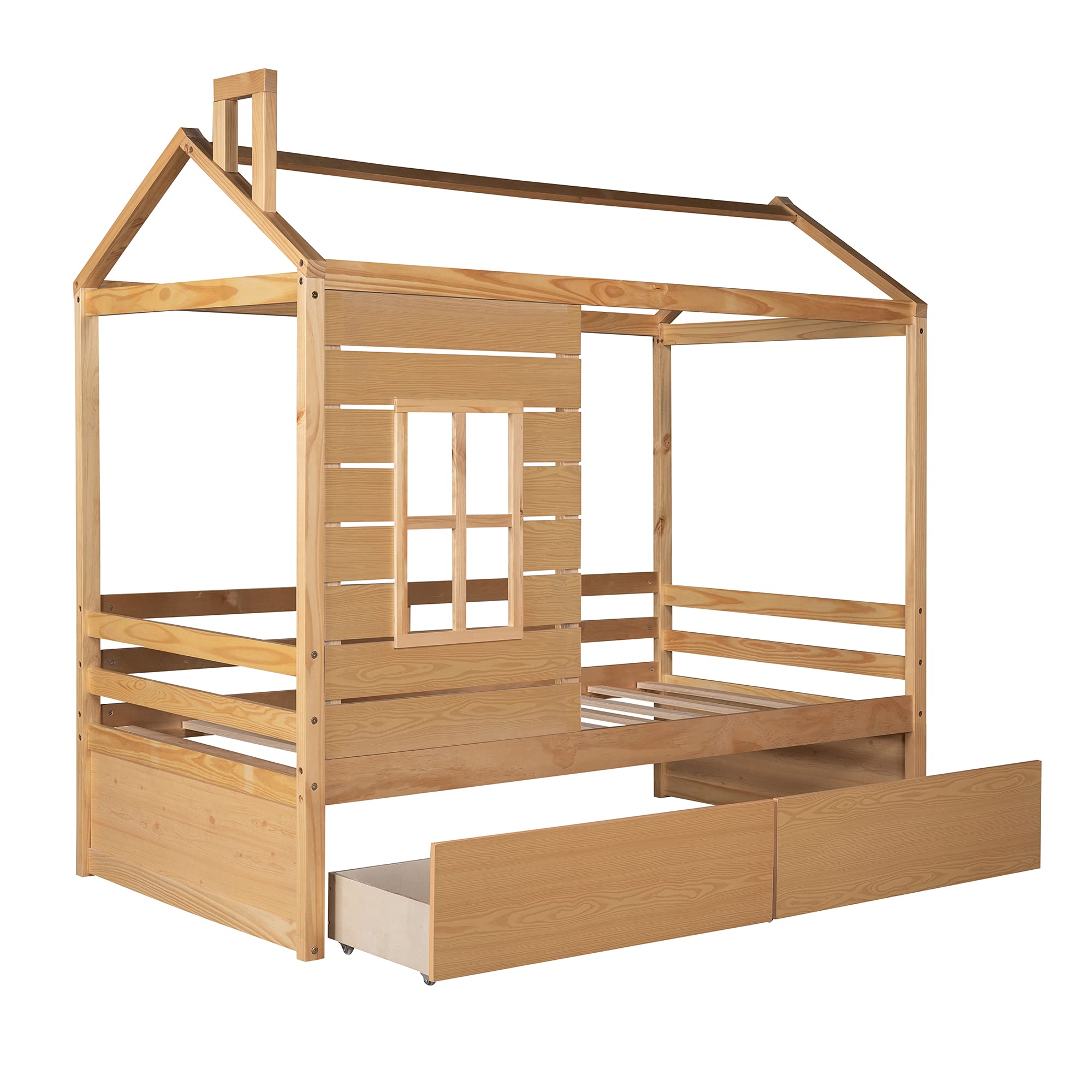 Quarte House Bed Low Daybed for Kids - Twin Size Wood Floor Bed Frame with 2 Drawers & Window - No Box Spring Needed (Walnut) - Perfect for Small Bedrooms, Playrooms & Montessori Spaces