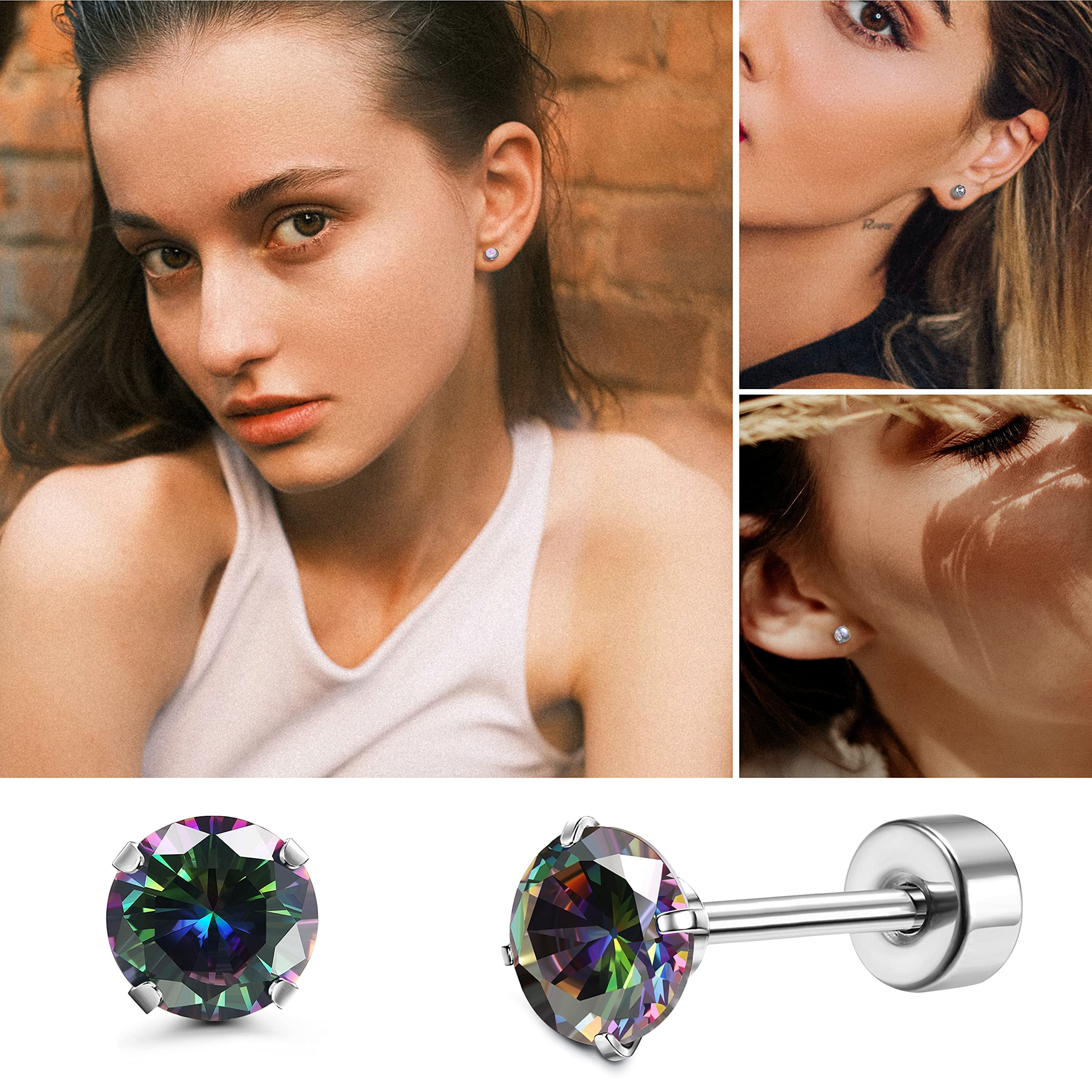 FIOROYAL 4 Pairs Titanium Earrings Studs for Women & Men - Opal, Moonstone, Onyx & Cubic Zirconia Flat Back Cartilage Earrings | Hypoallergenic, Comfort Fit for Daily Wear & Special Occasions