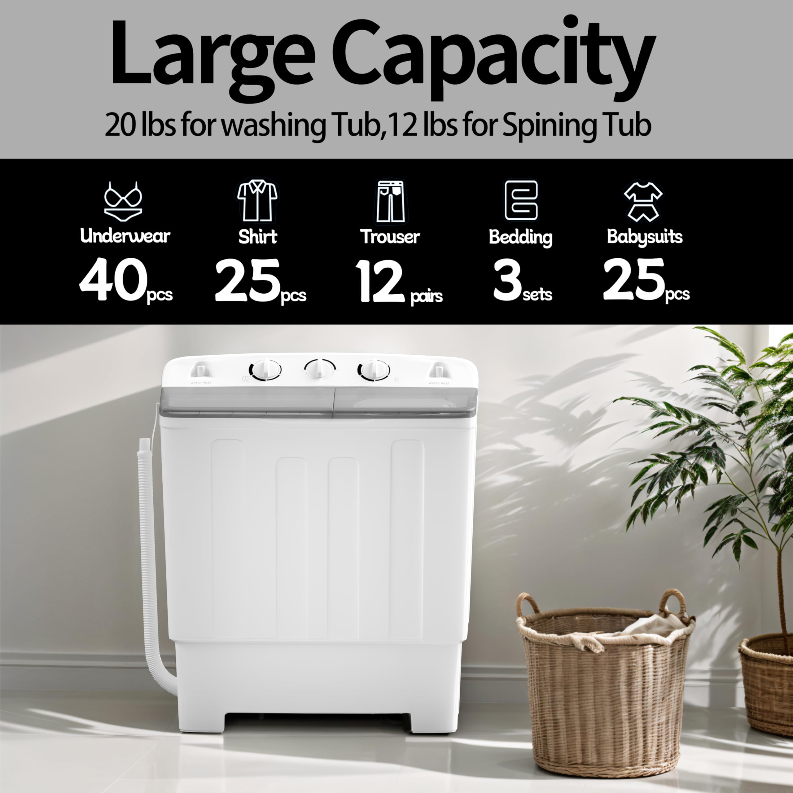 Portable Twin Tub 32lbs Washing Machine with Drying Rack & 10 Hangers - Compact Semi-Automatic Washer Combo (20lbs Washer + 12lbs Spinner) for Dorms, Apartments, RVs & Small Spaces - Perfect for Laundry in Tight Living Areas