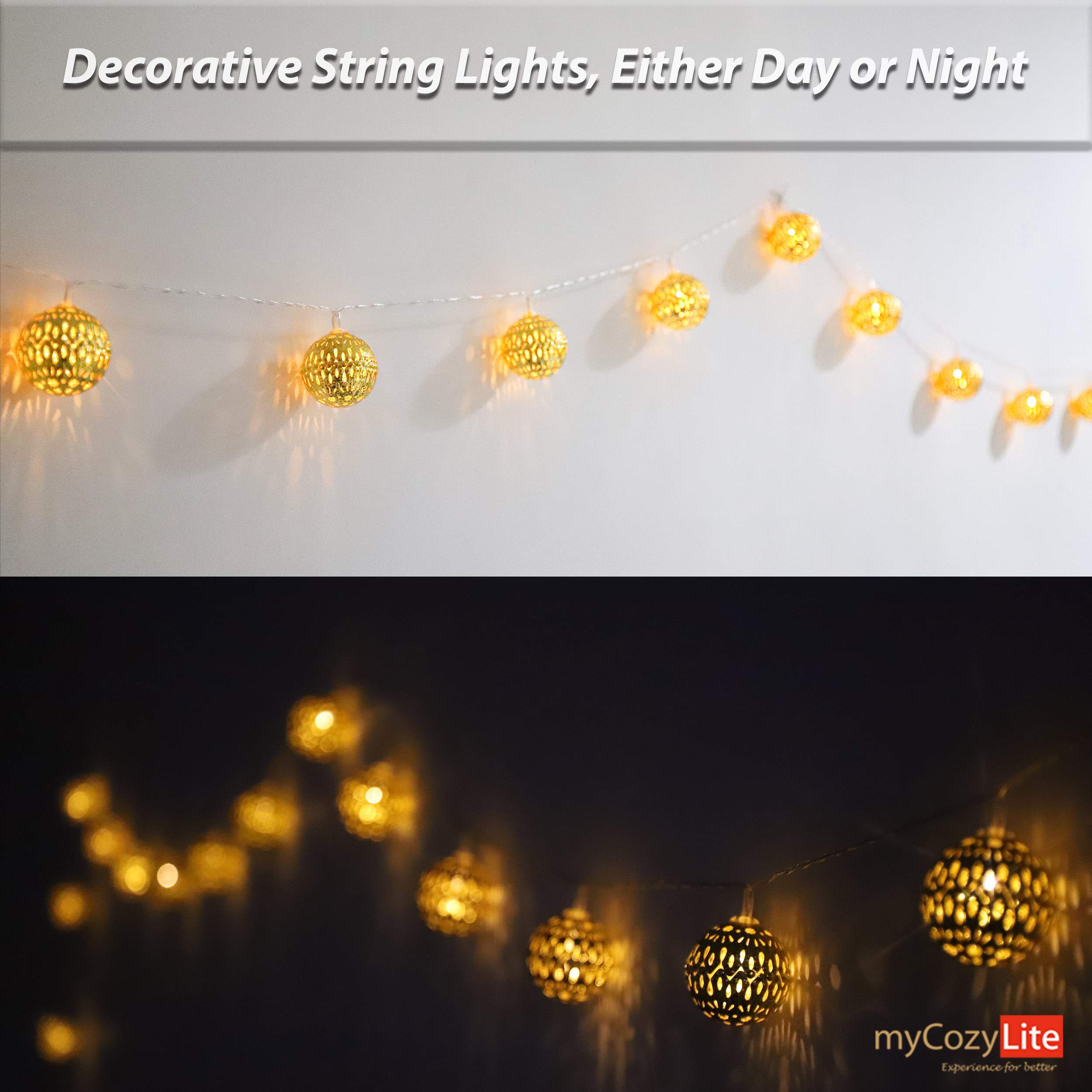 myCozyLite LED Globe String Lights - 10ft Warm White Moroccan Fairy Lights with Timer, 20 Golden Metal Globes, Battery Powered for Bedroom, Wedding, Party & Outdoor Decor