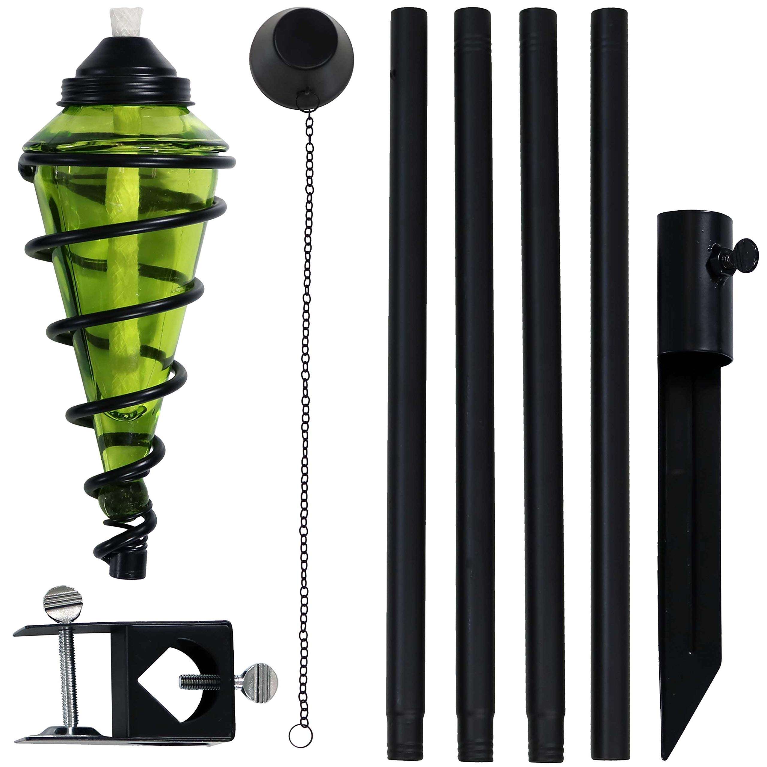 Adjustable Green Glass Torch with Metal Swirl Design - 25 to 66 Inch Height - Set of 4 Outdoor Patio Fire Pits for Backyard, Garden & Poolside Decor