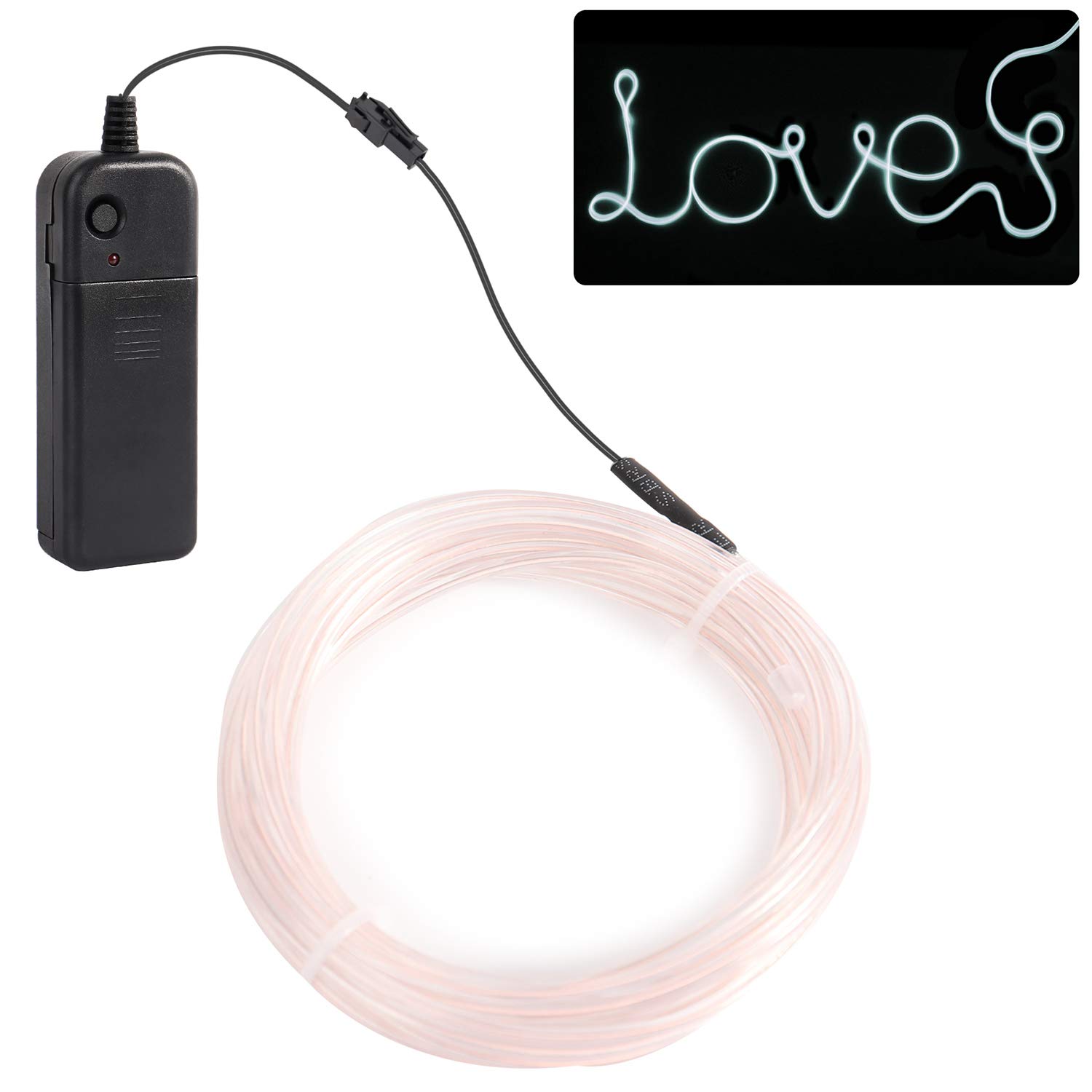JIGUOOR EL Wire Battery Pack - 16.4ft/5m Ultra Bright Neon Light Strip with 360° Illumination - Flexible EL Wire for DIY, Party, Halloween, Christmas Decorations - Perfect for Bedroom, Bar, Club & Festival Lighting (White)