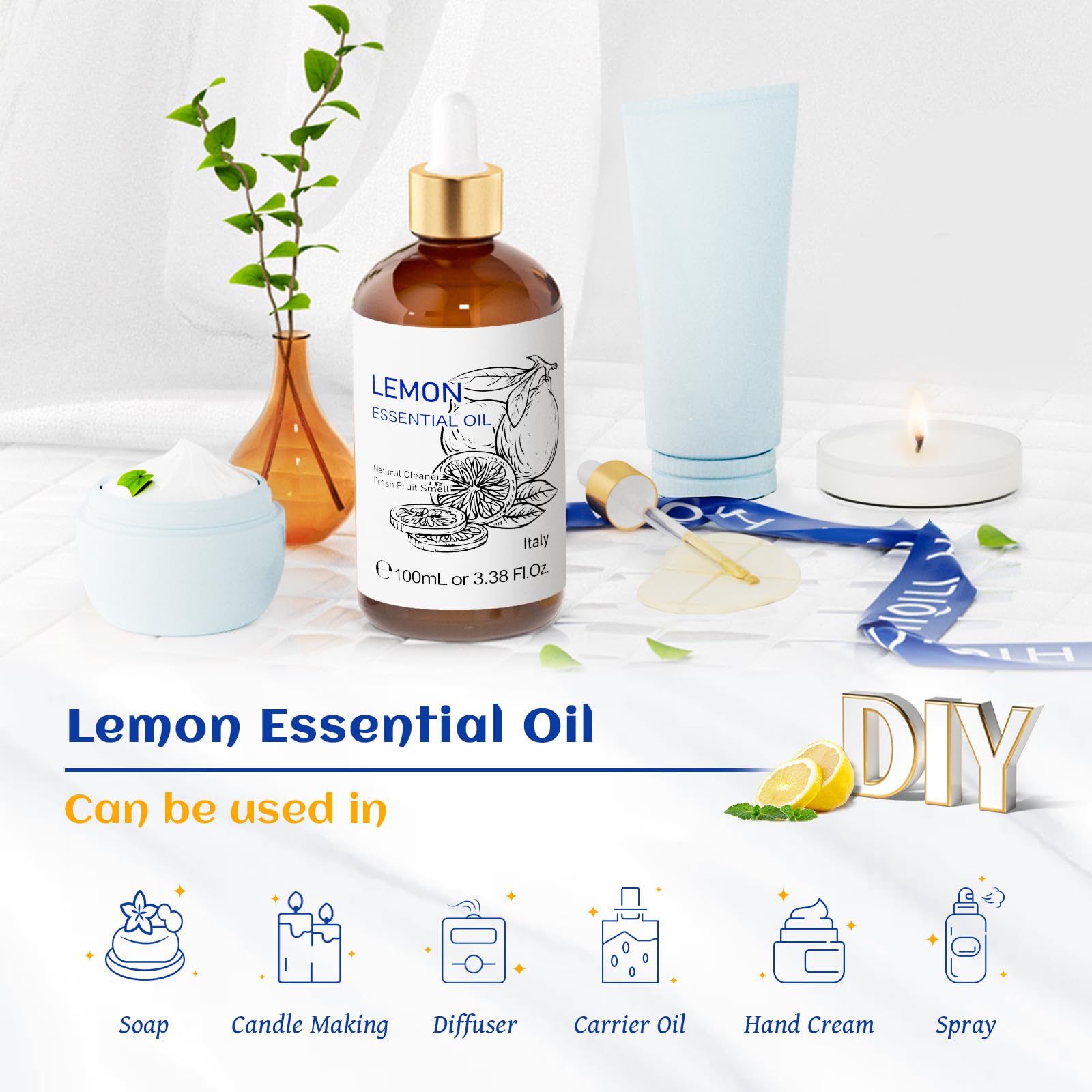 HIQILI 100% Pure Lemon Essential Oil - 3.38 Fl Oz (100ml) for Aromatherapy, Natural Cleaning, Skin Care & Air Freshening | Perfect for Diffusers, Homemade Cleaners, Body Lotions & Room Sprays | Refresh Home, Boost Mood & Purify Air
