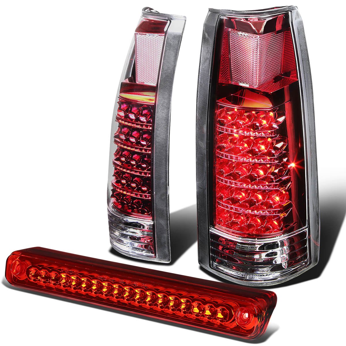 Chevrolet/GMC C10 LED Tail Lights (Chrome Red Lens) + Third Brake Lamp (Red) - 4th Gen GMT400 Replacement Parts - Perfect for Truck Restoration & Customization
