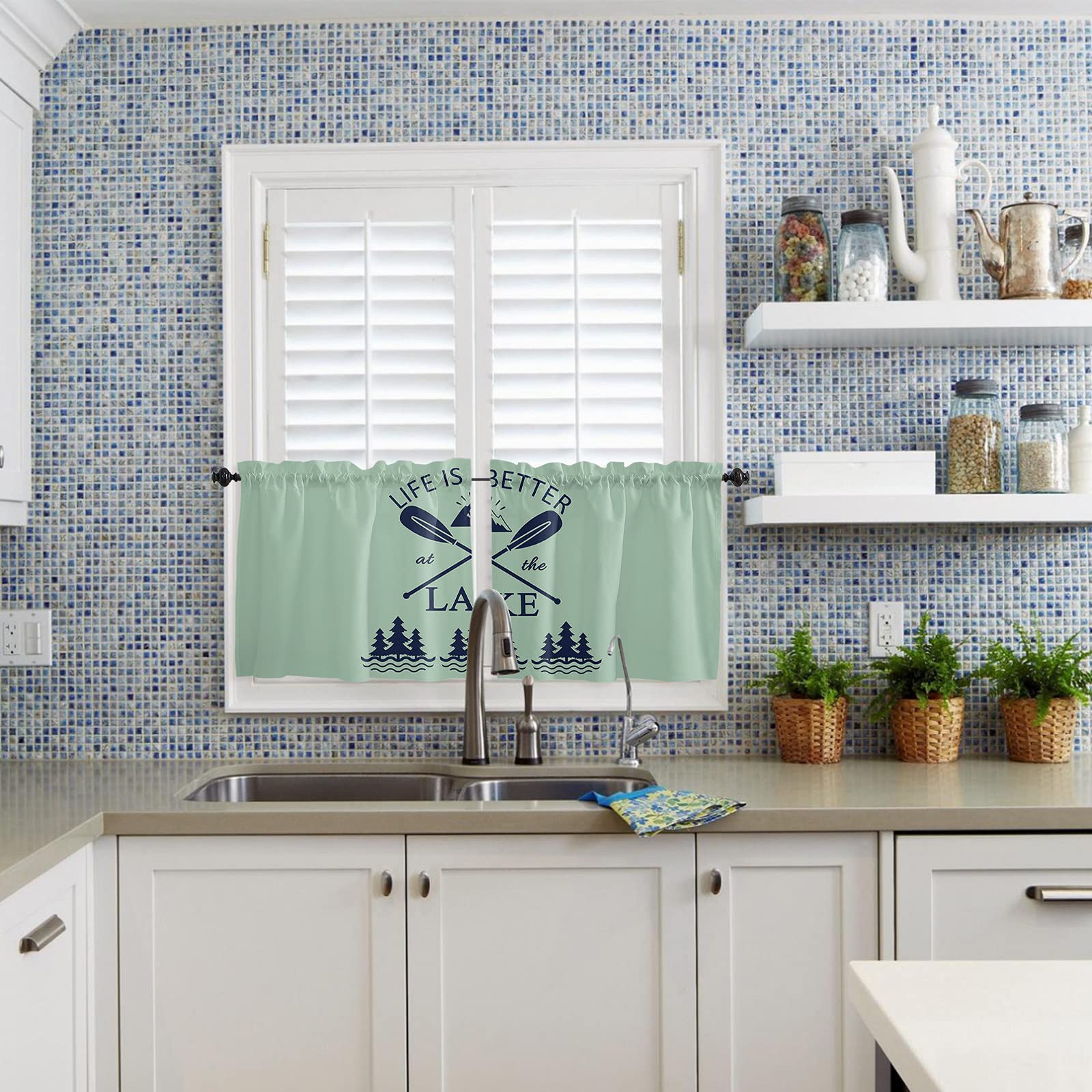 Green Lake Oar Kitchen Curtains 24 Inch Length - 2 Panel Short Cafe Tier Drapes with Plant Tree & Mountain Design, Rod Pocket Window Treatment (55x24 inches) for Cozy Kitchen, Dining Room or Coffee Shop Decor