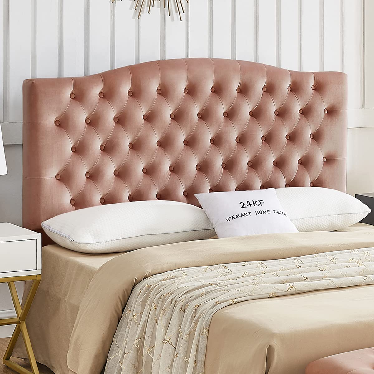 24K Gold Velvet Upholstered Tufted Button Queen Headboard - Luxury Blush Pink Bed Frame for Master Bedroom Decor | Full/Queen Size Comfortable Padded Headboard for Modern Home & Bedroom Design