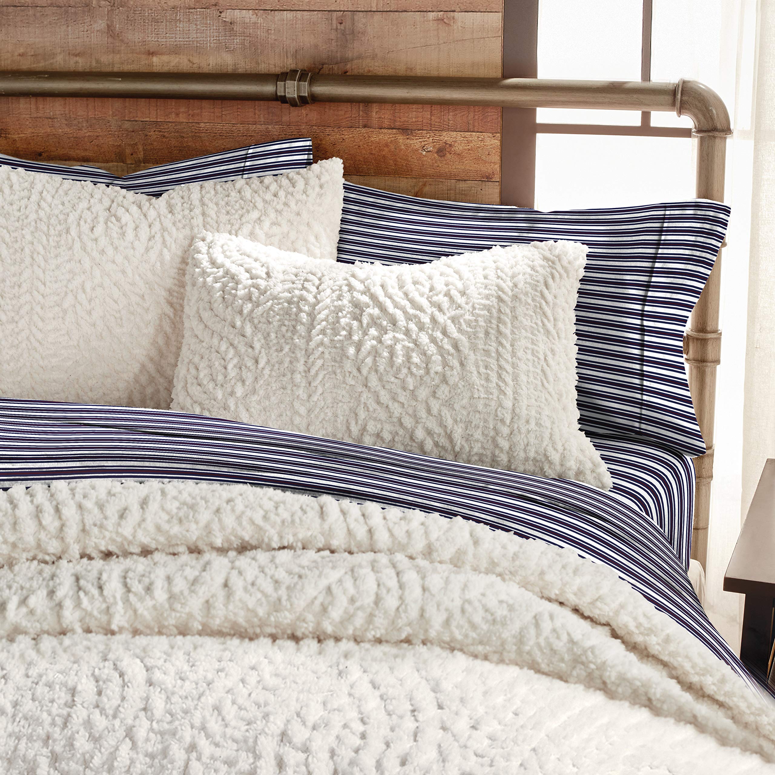 G.H. Bass Plush Sherpa Cable Knit Fluffy Soft Solid Pinsonic Cozy Comforter Set - King Size, Ivory White - Ultra Warm Bedding for Winter, Perfect for Master Bedroom & Guest Room