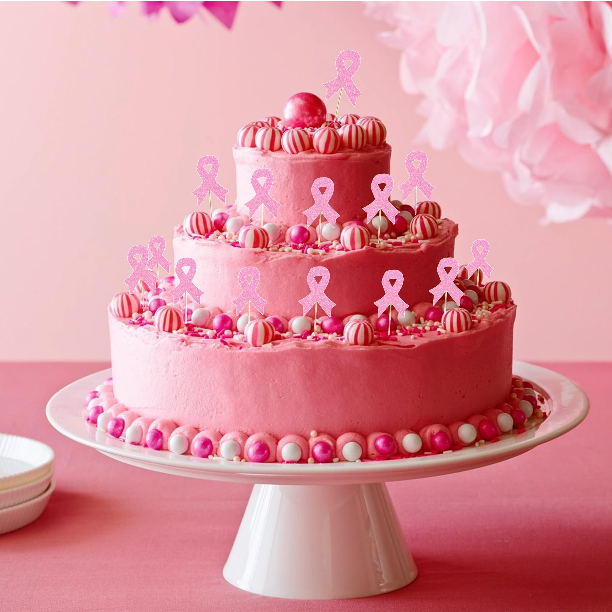 24 Pcs Pink Ribbon Breast Cancer Cupcake Toppers - Glitter Cupcake Decorations for Awareness Events, Fundraisers & Birthday Cakes - Perfect for Pink Themed Parties, Bake Sales & Survivor Celebrations