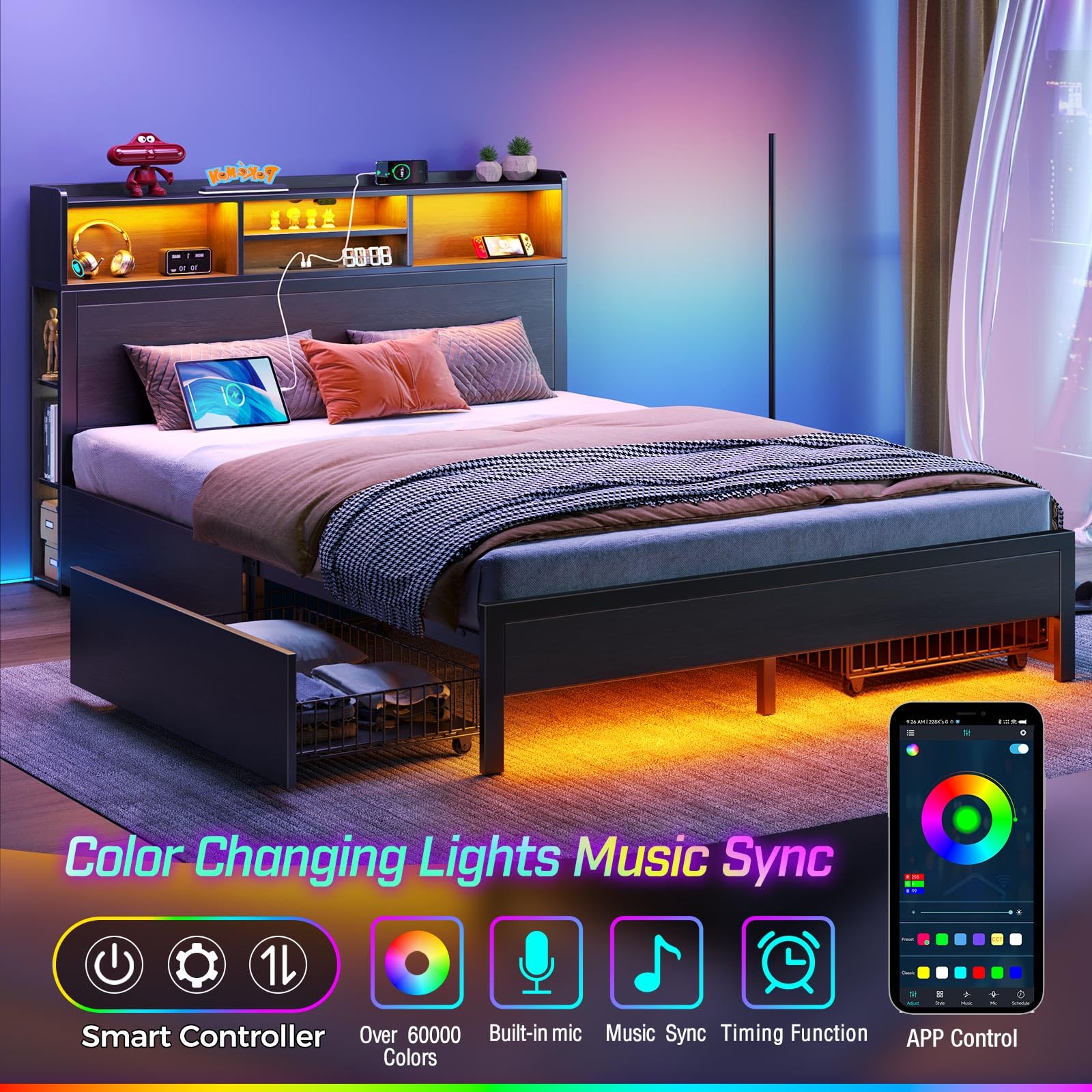 Rolanstar Queen Size Bed Frame with Storage Headboard & LED Lights - Metal Platform Bed with USB Charging Station, 4 Drawers & Bookcase - No Box Spring Needed - Easy Assembly & Noise-Free - Black - Perfect for Small Bedrooms, Dorms & Apartments
