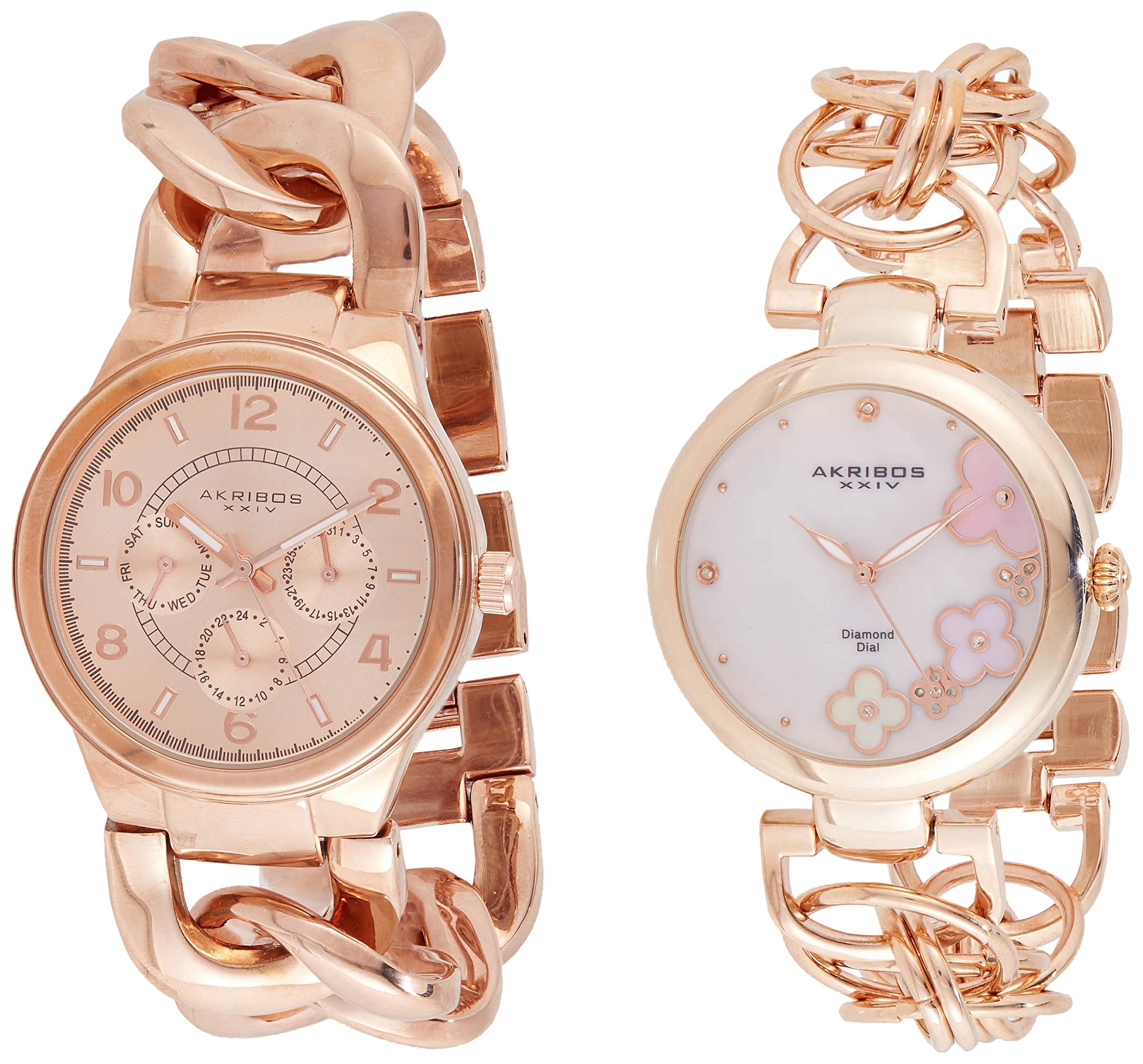 Akribos XXIV Women's 2 Watch Set - Multifunction Chronograph & Diamond Accent Mother-of-Pearl Dial Watches with Chain Link Bracelet | Perfect for Work, Party & Special Occasions