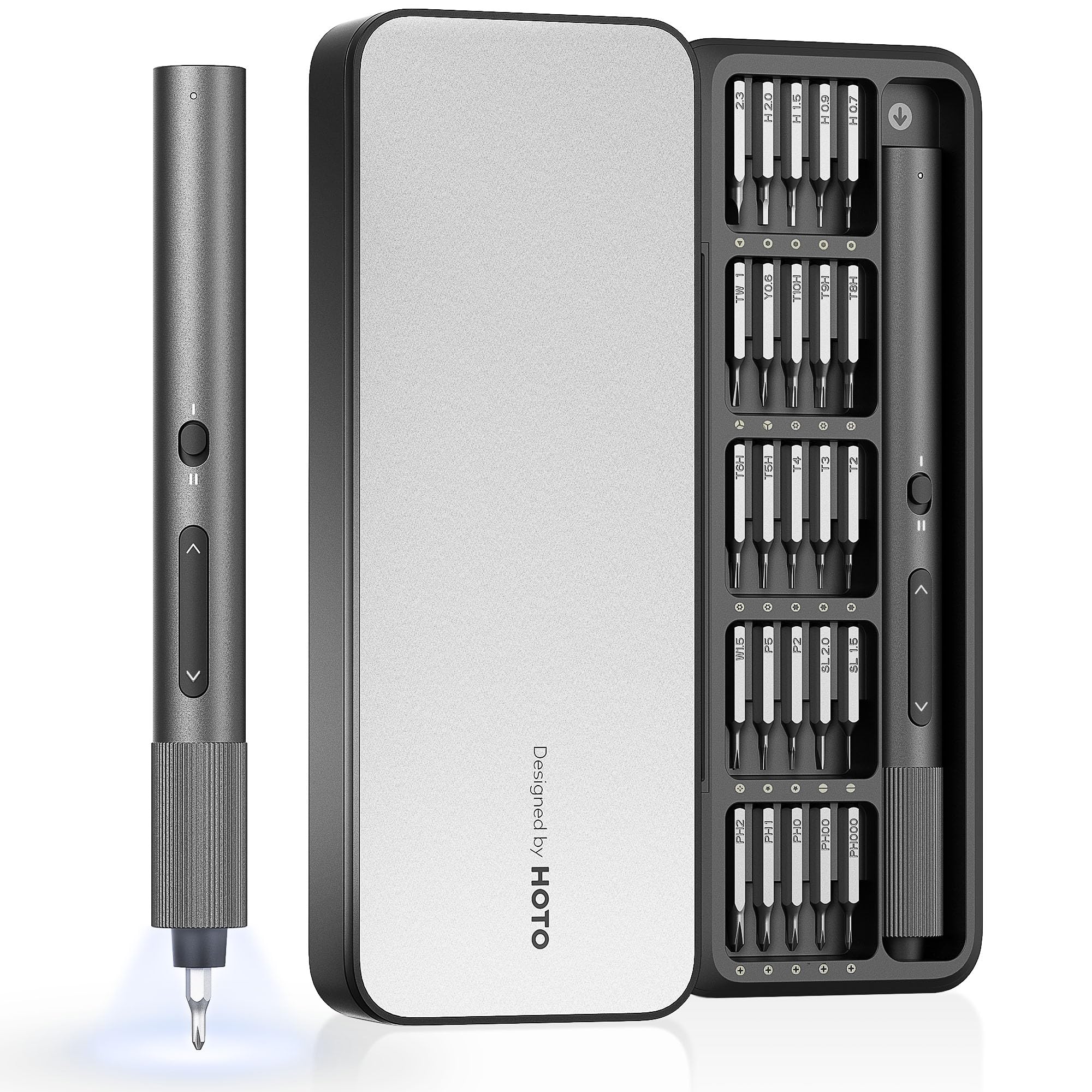 HOTO Mini Electric Screwdriver Set with 25 Magnetic S2 Bits - 170RPM Precision USB-C Rechargeable Tool with LED Light & 2 Torque Settings - Perfect for Eyeglasses Repair, Electronics, DIY Projects & Home Maintenance