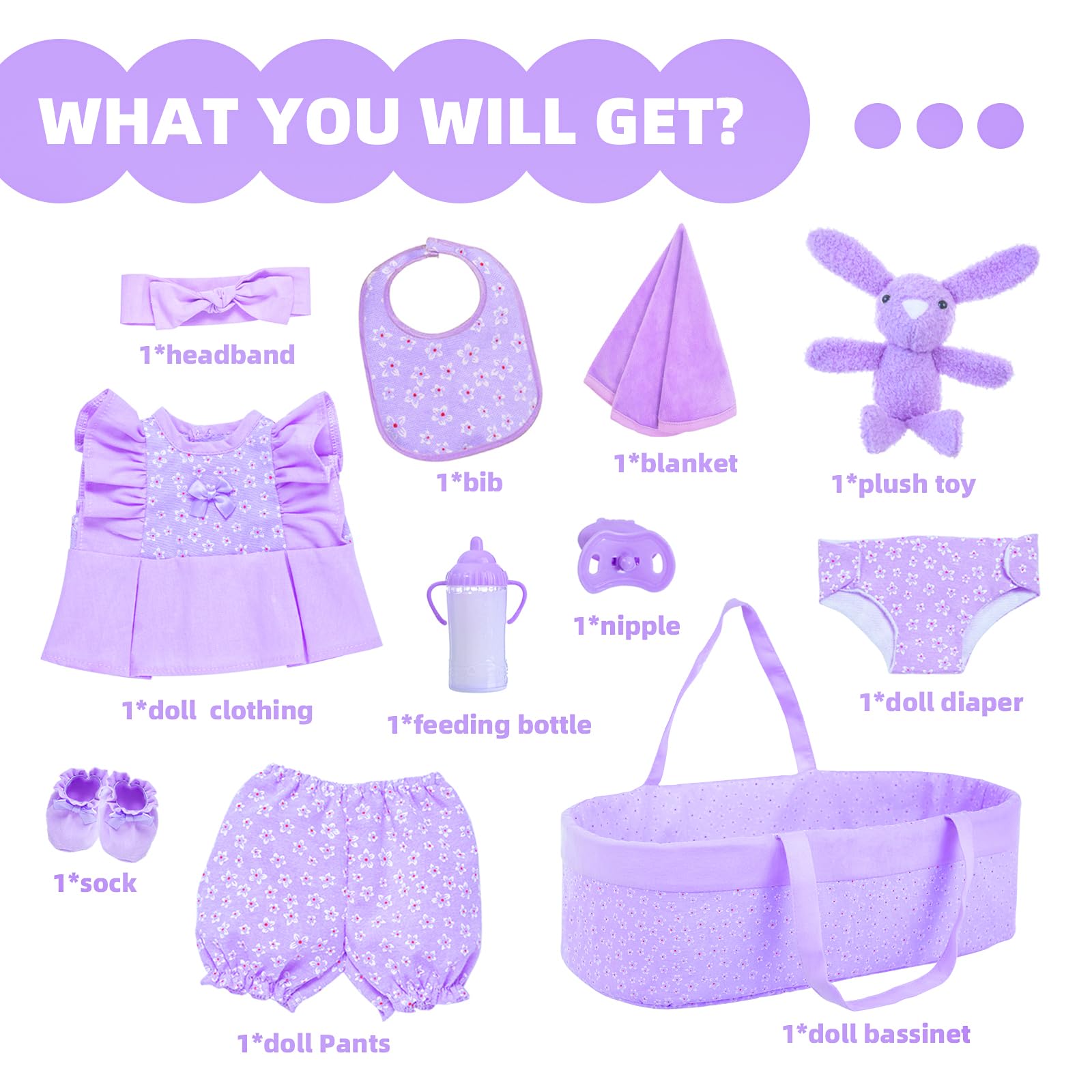 11-Piece Purple Floral Baby Doll Clothes Set with Bassinet & Accessories for 16-18 Inch Reborn Dolls | Perfect for Dress-Up, Role Play & Gift Giving