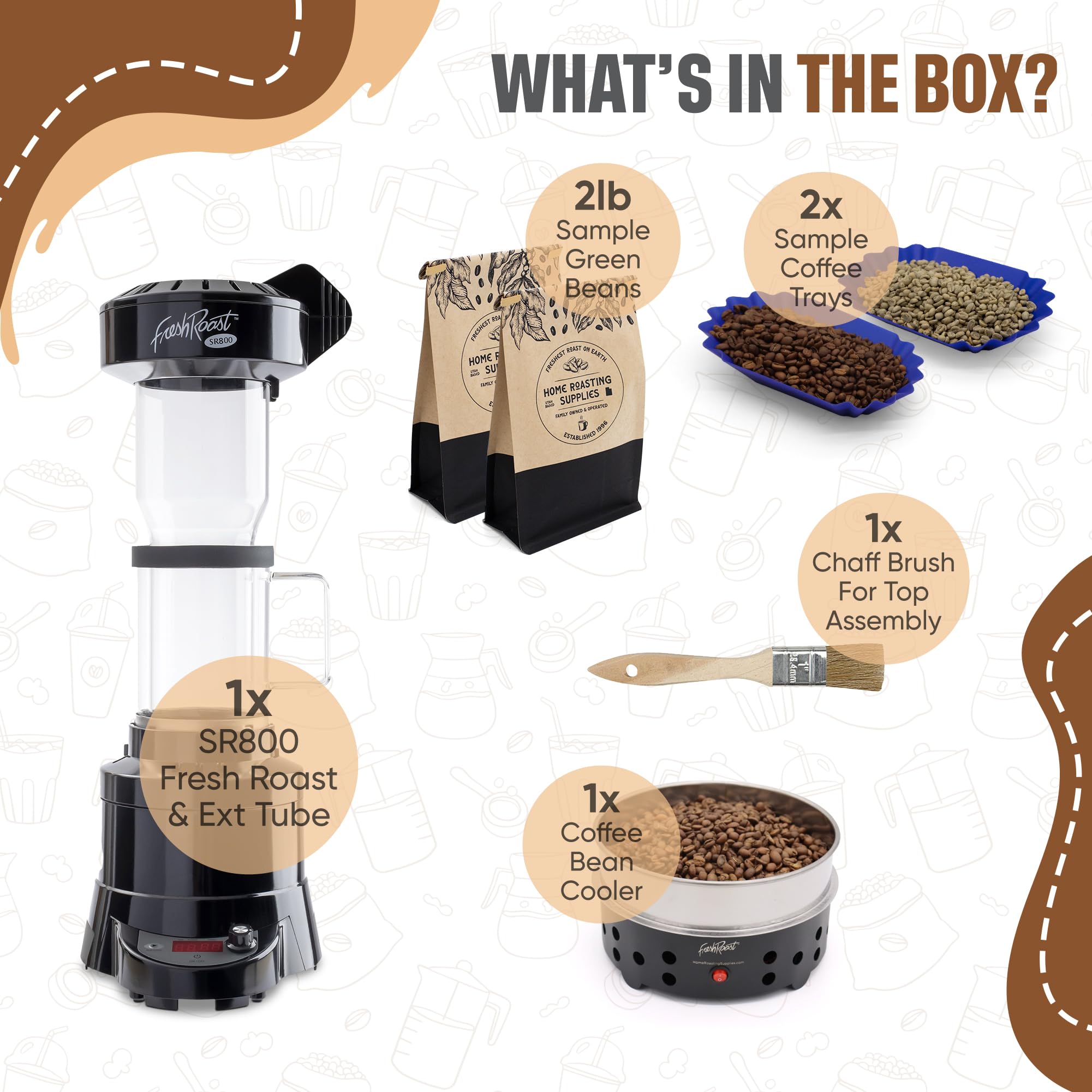Fresh Roast SR800 Coffee Roaster Bundle with Glass Extension Tube, Coffee Bean Cooler, 2 Lbs Green Beans Sample Pack & 2 Sample Trays - Perfect for Home Coffee Roasting Enthusiasts & Small Batch Artisan Coffee Shops