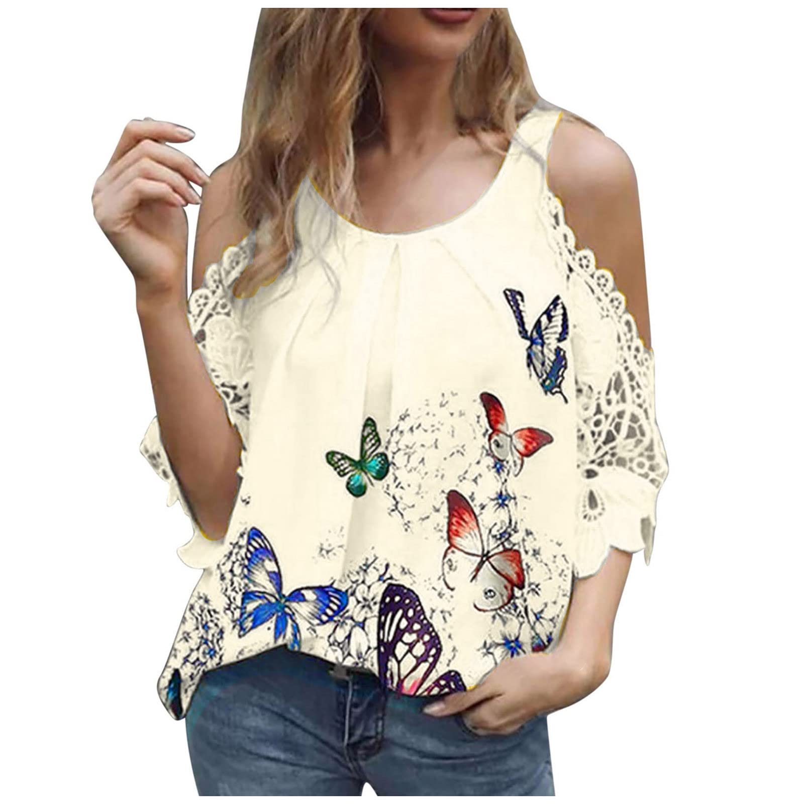 Women's Casual Summer Short Sleeve T-Shirt - Butterfly Print Hollow Out O-Neck Top for Beach, Vacation & Everyday Wear