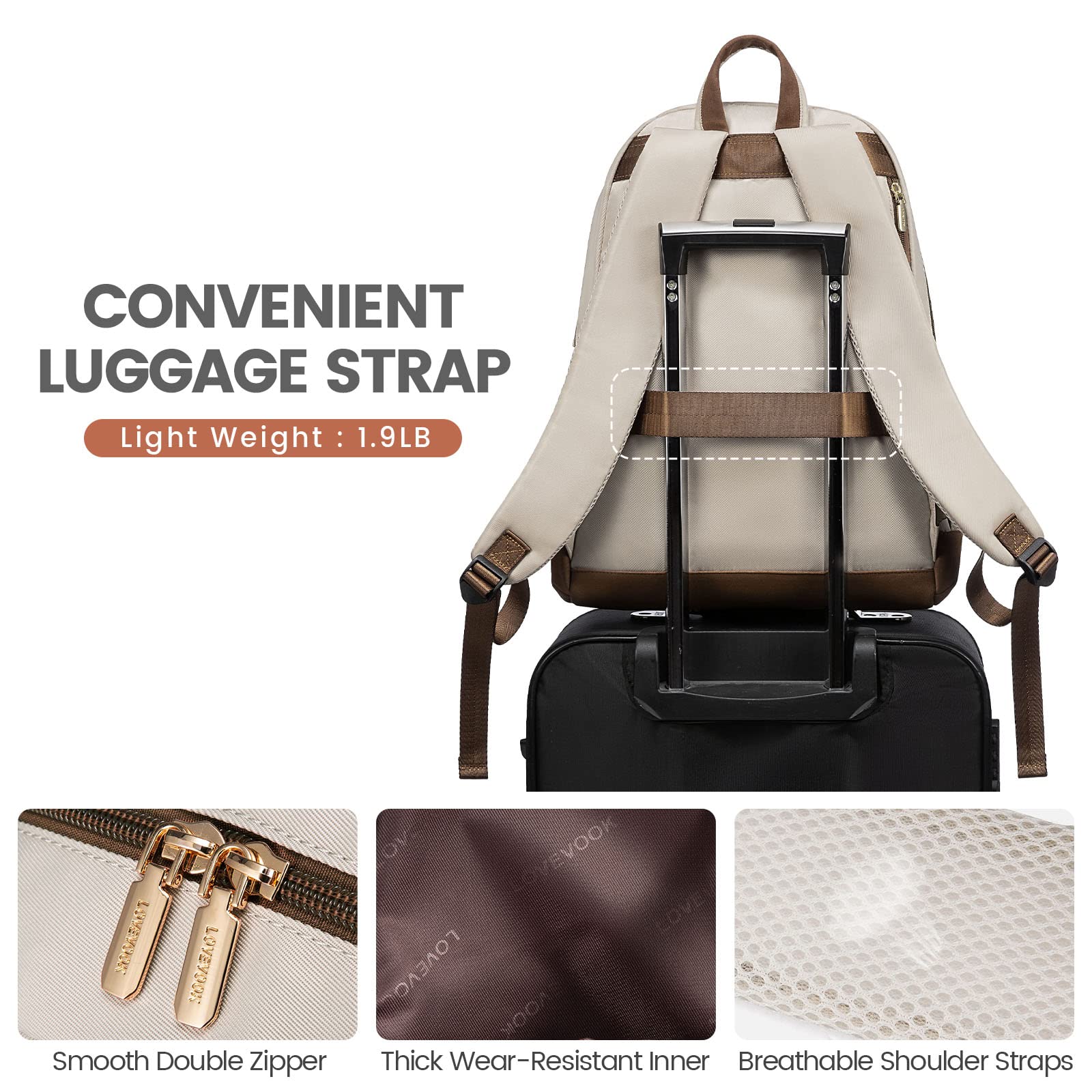 LOVEVOOK 15.6 Inch Water Resistant Laptop Backpack for Women - Stylish Travel & Work Computer Bag for College & Business, Khaki - Perfect for Commuting, Air Travel & Office Use