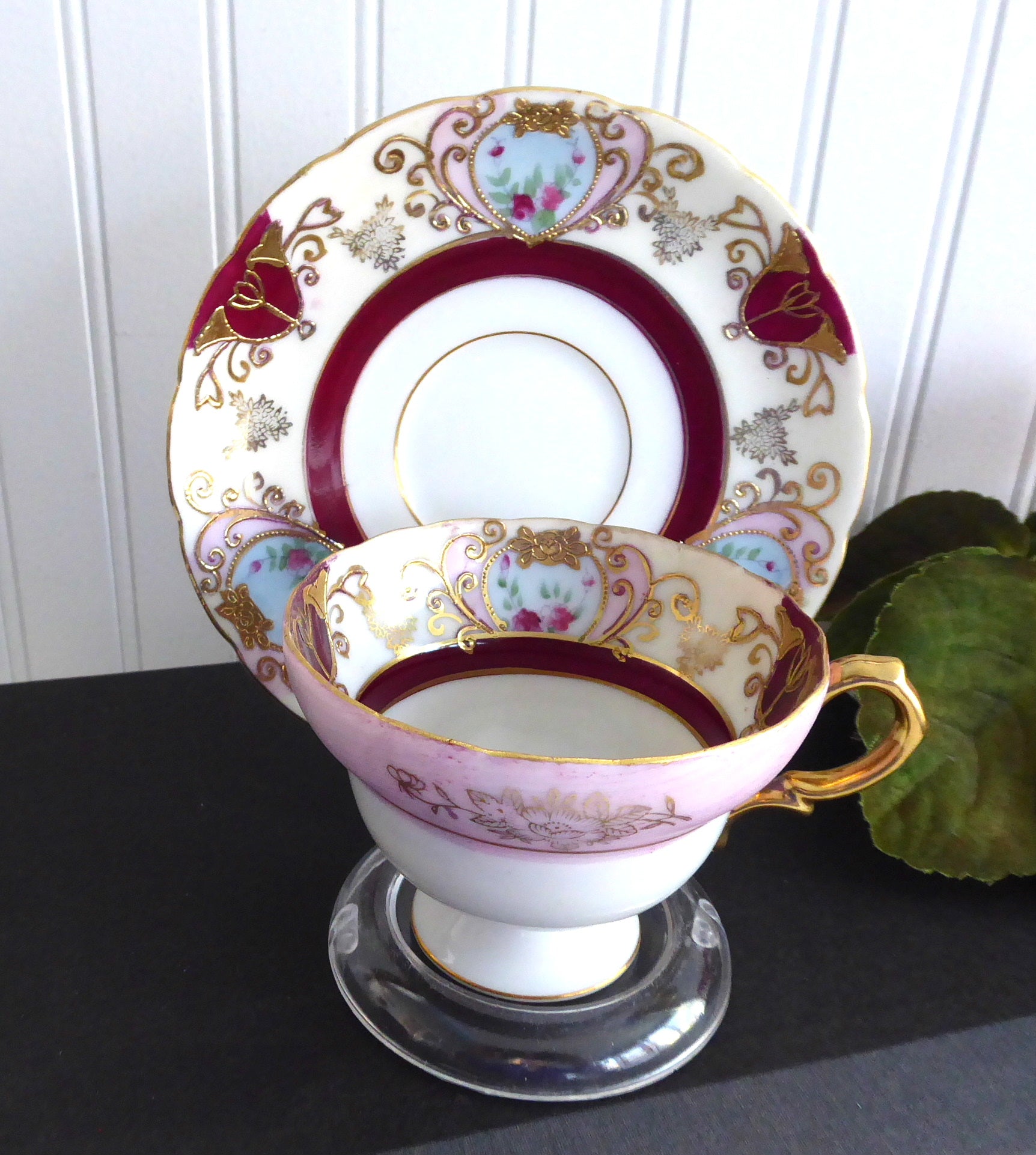 Vintage 1950s Japanese Hand-Painted Cup and Saucer Set - Maroon, Pink & Gold Heart Bouquet Design | Elegant Tea Time, Collectible Tableware, Gift for Tea Lovers