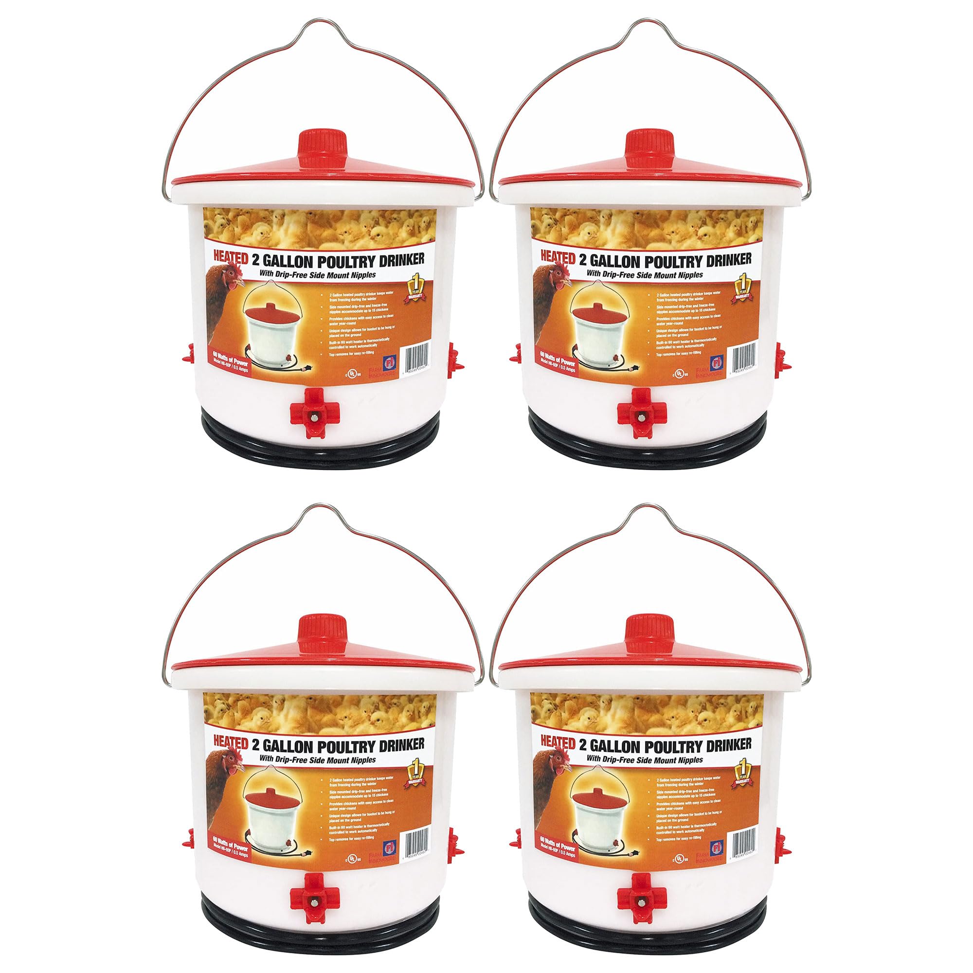 Farm Innovators 4 Pack Heated Chicken Waterer - 2 Gallon Poultry Drinker Bucket for Winter - Prevent Freezing for Chickens, Ducks, and Birds - Ideal for Coops, Farms, and Backyard Poultry Care
