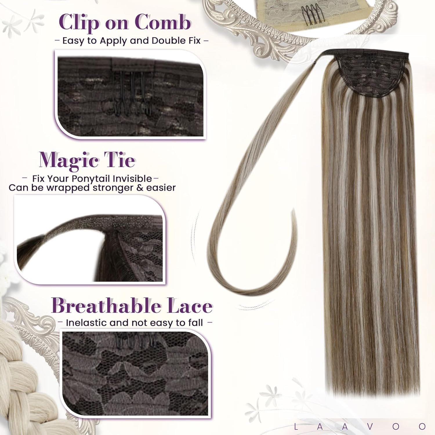 LaaVoo 20 Inch Clip-in Ponytail Hair Extensions - 80g Real Human Hair with Golden Brown & Light Blonde Highlights | Wrap Around Ponytail for Daily Wear, Parties & Special Occasions