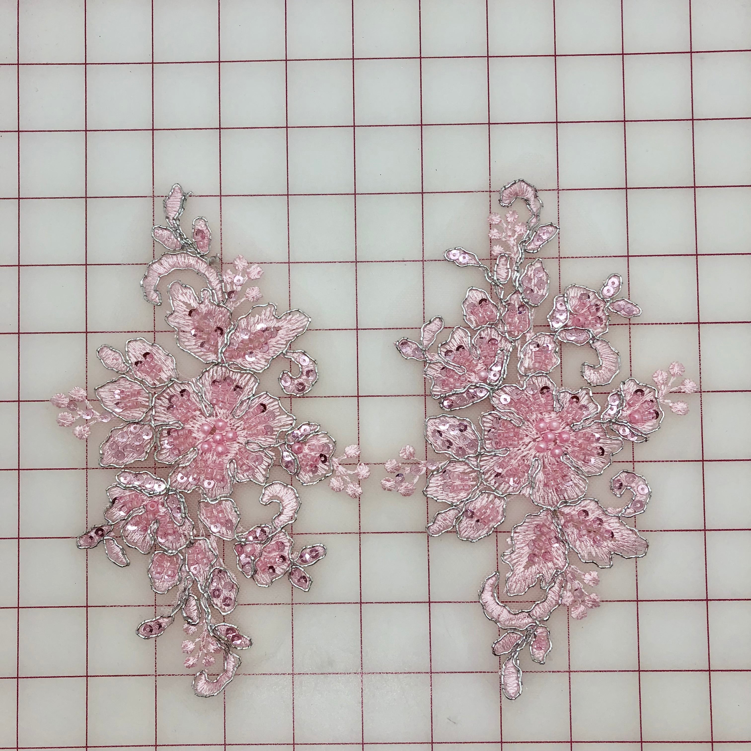 Elegant Beaded and Sequined Applique - Pink & Silver Corded Motif Pairs for DIY Crafts, Wedding Decor, and Costume Embellishment