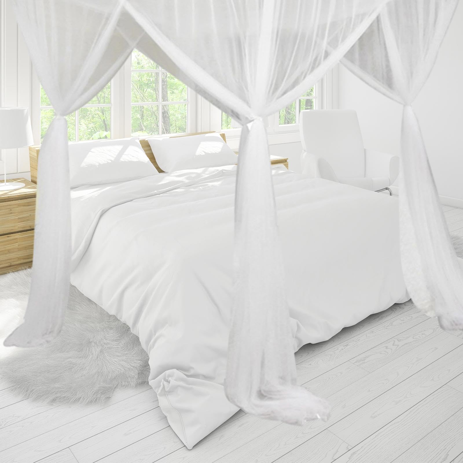 Stylish White 4 Corner Post Canopy Bed Curtain with Drapes & Netting - Elegant Bed Valance for Women's Bedroom Decor | Perfect for Romantic, Boho & Princess Style Bedrooms