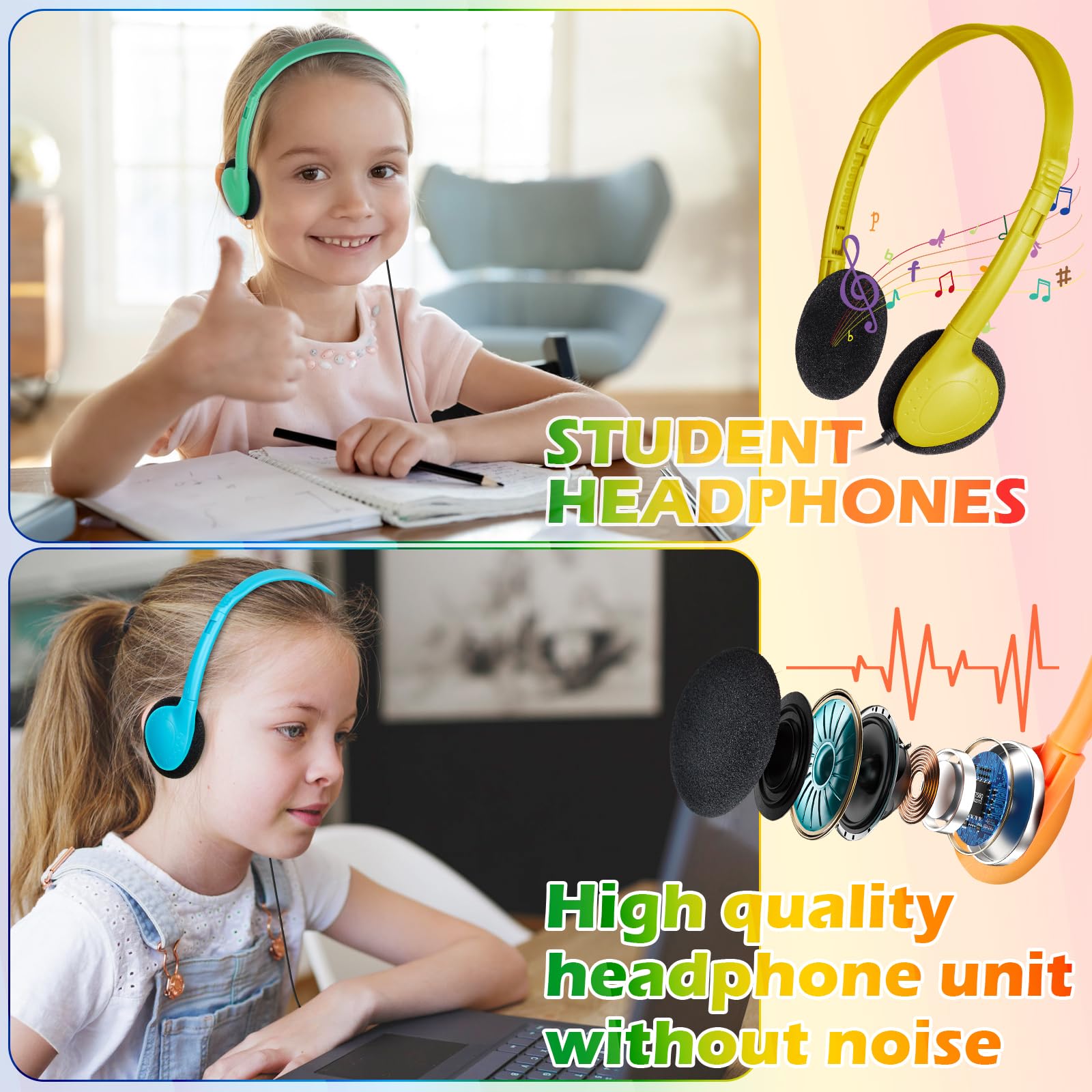 Bulk Classroom Headphones 15-Pack - Durable School Headphones for Students & Kids with 3.5mm Jack - Compatible with Chromebook, Laptop, PC & Computer - Mixed Colors (A) - Perfect for Online Learning, Language Labs & Computer Classes