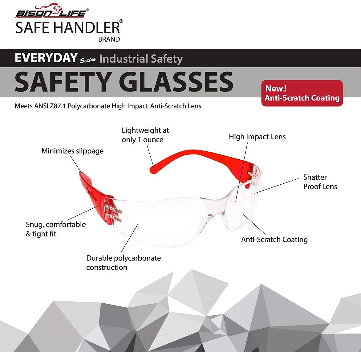 BISON LIFE Clear Polycarbonate Safety Glasses - Impact & Ballistic Resistant Protective Eyewear (Case of 12 Boxes, 144 Pairs) - Ideal for Construction, Shooting Range & Industrial Work Safety