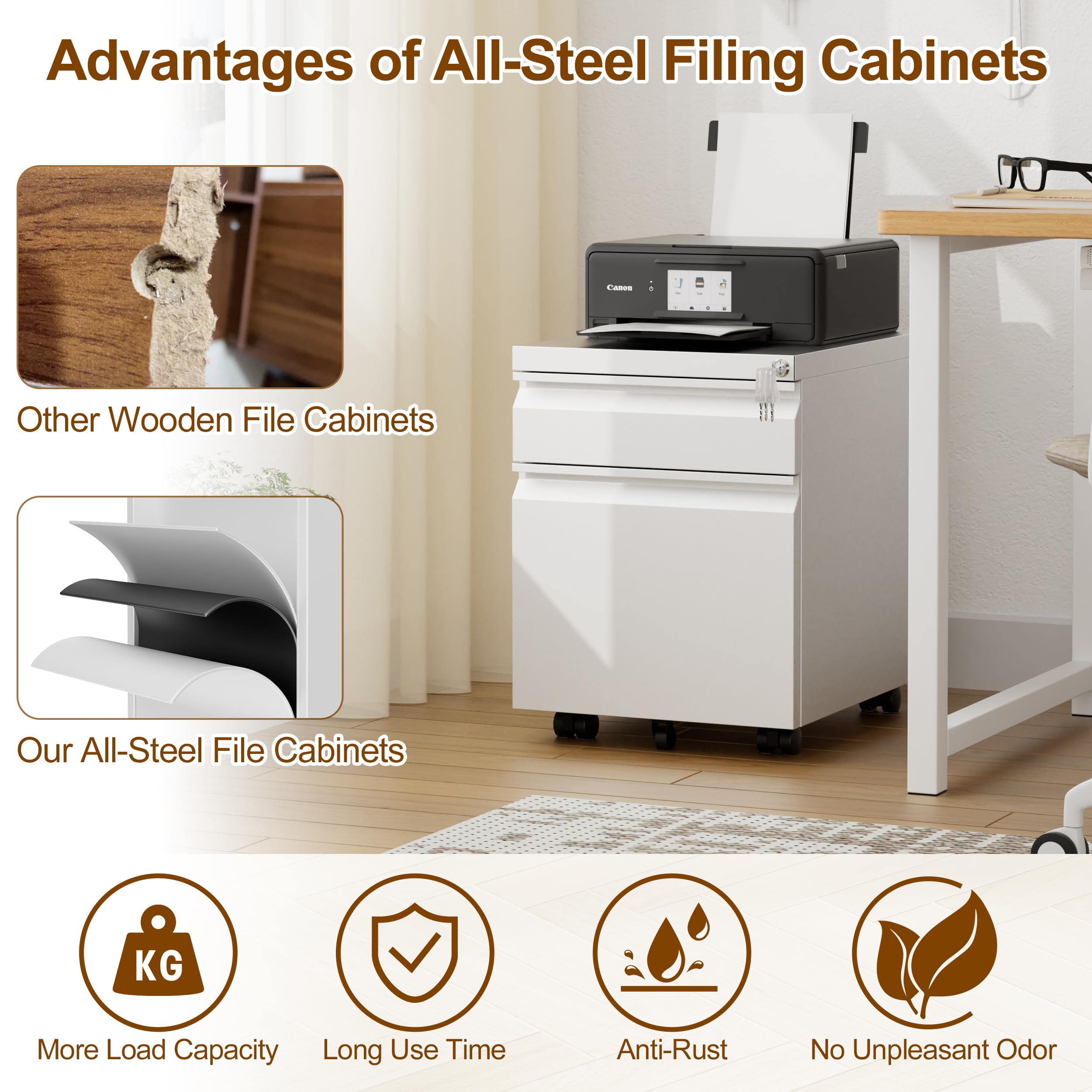 2-Drawer Metal File Cabinet with Lock - Mobile Storage for A4, Letter & Legal Folders - Fully Assembled Home Office Filing Cabinet (White) - Perfect for Organizing Documents, Bills & Office Supplies