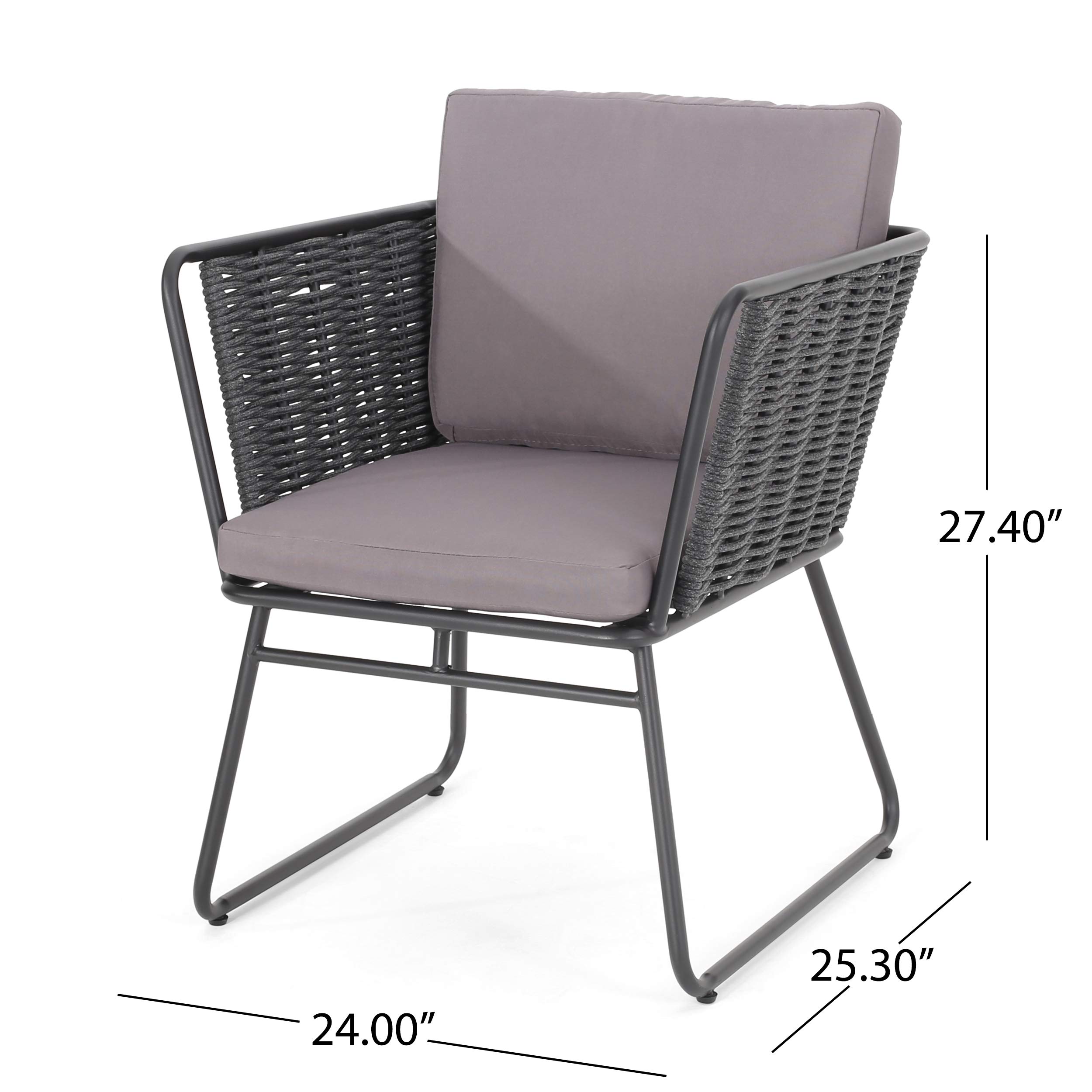 GDF Studio Modern Outdoor Rope Weave Club Chair with Cushions (Set of 2) - Dark Gray, Gray & Black Water-Resistant Patio Furniture for Garden, Poolside & Backyard Relaxation