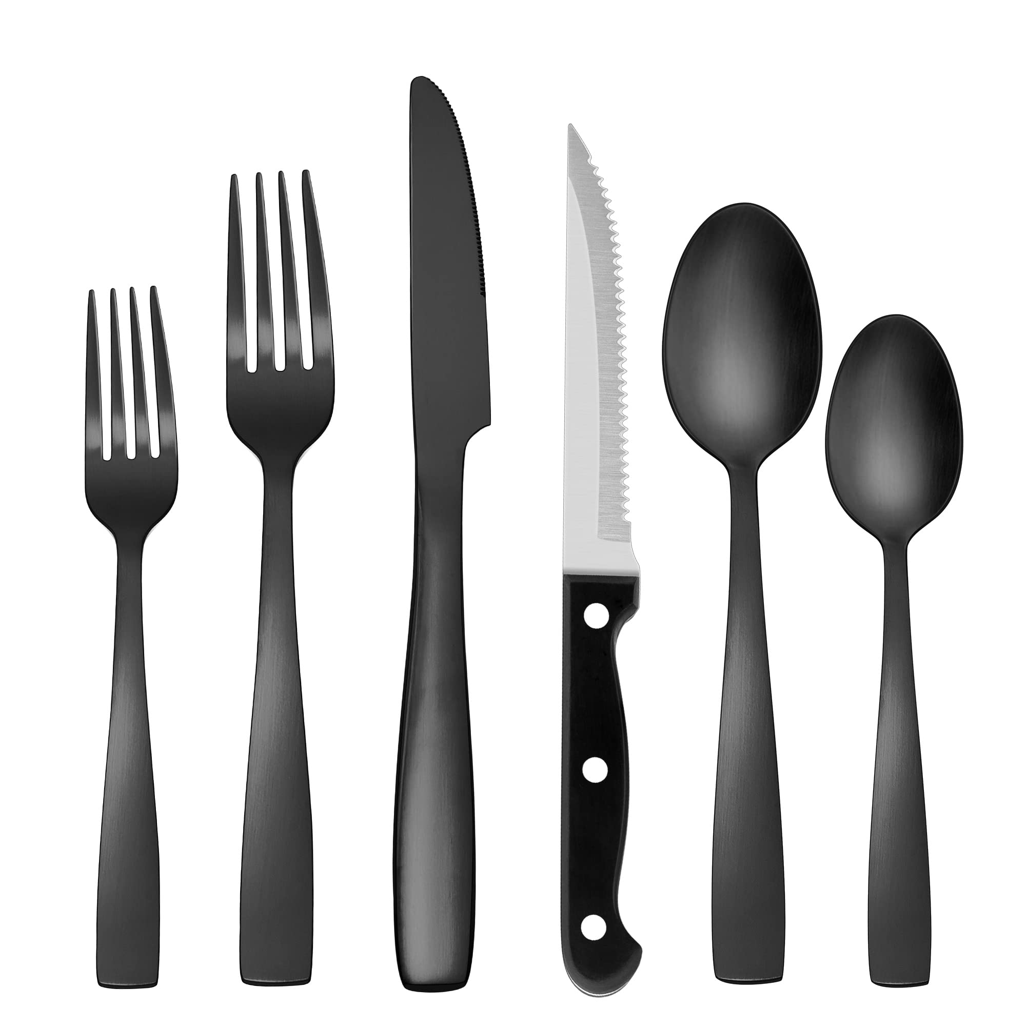 48-Piece Matte Black Silverware Set - Food Grade Stainless Steel Flatware with Steak Knives for 8 People | Modern Cutlery Set for Home, Kitchen & Restaurant Use | Dishwasher Safe | Perfect for Dinner Parties, Weddings & Everyday Dining