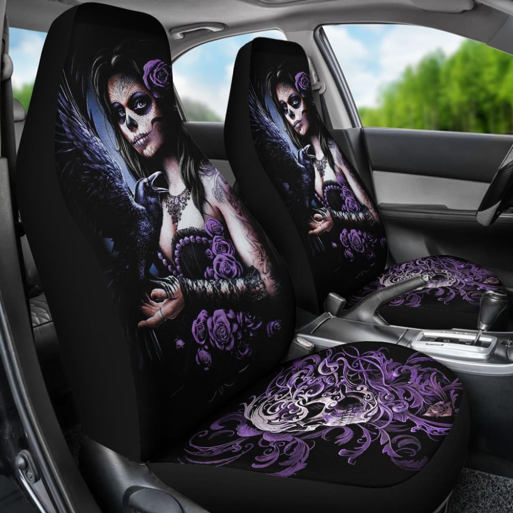 2 Pcs Sugar Skull Girl Car Seat Covers - Gothic Floral Print Universal Fit for Cars, Trucks & SUVs - Perfect for Dia de Los Muertos Decor and Halloween Car Accessories